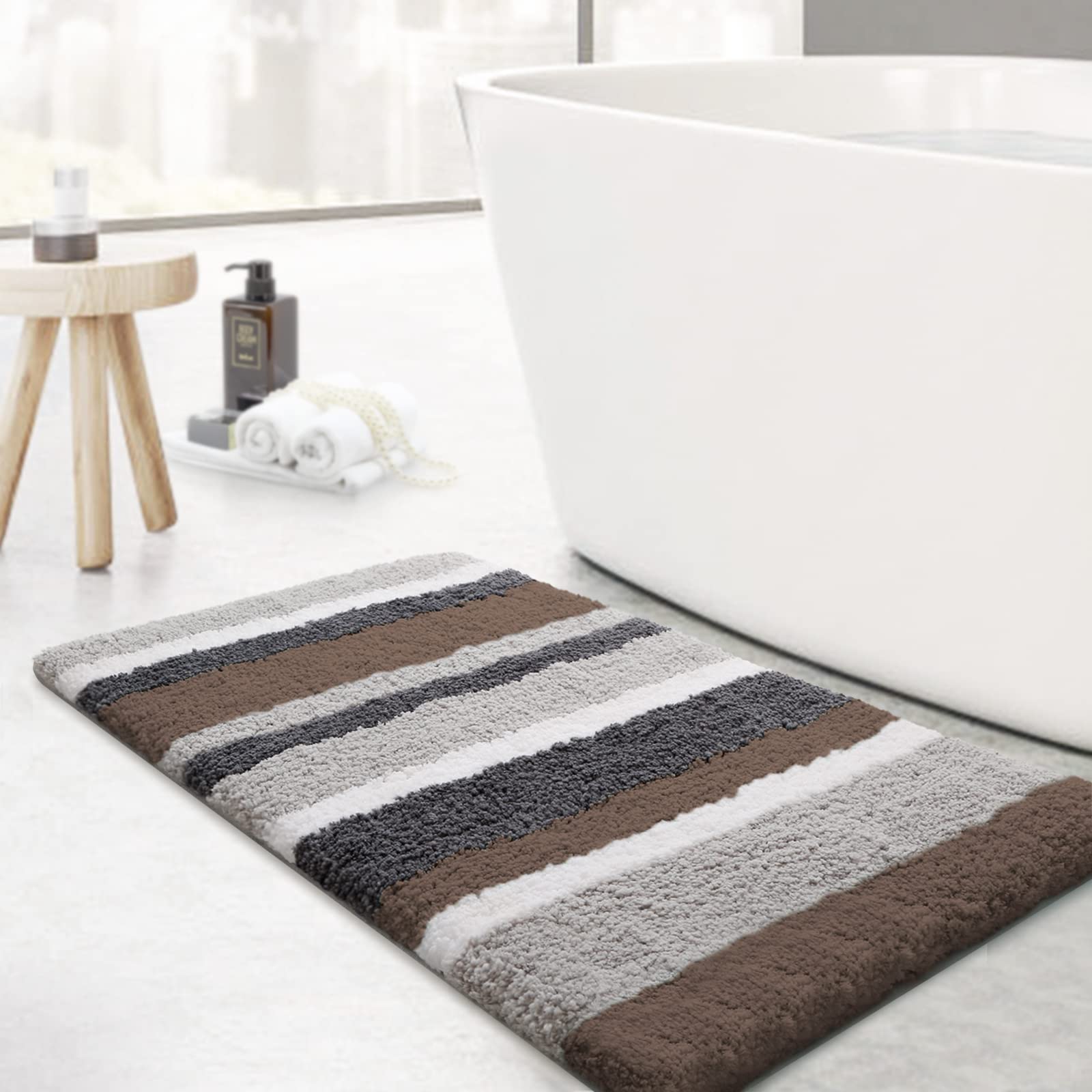 改KMAT Luxury Bathroom Rugs Bath Mat,18"x26", Non-Slip Fluffy Soft Plush Microfiber, Machine Washable Carpet Quick Dry Ultra Shaggy Mats for Bathroom, Tub and Shower, Green-Grey