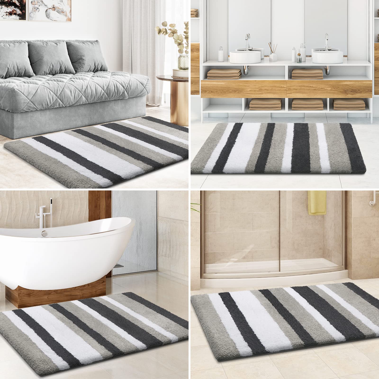 改KMAT Luxury Bathroom Rugs Bath Mat,18"x26", Non-Slip Fluffy Soft Plush Microfiber, Machine Washable Carpet Quick Dry Ultra Shaggy Mats for Bathroom, Tub and Shower, Green-Grey