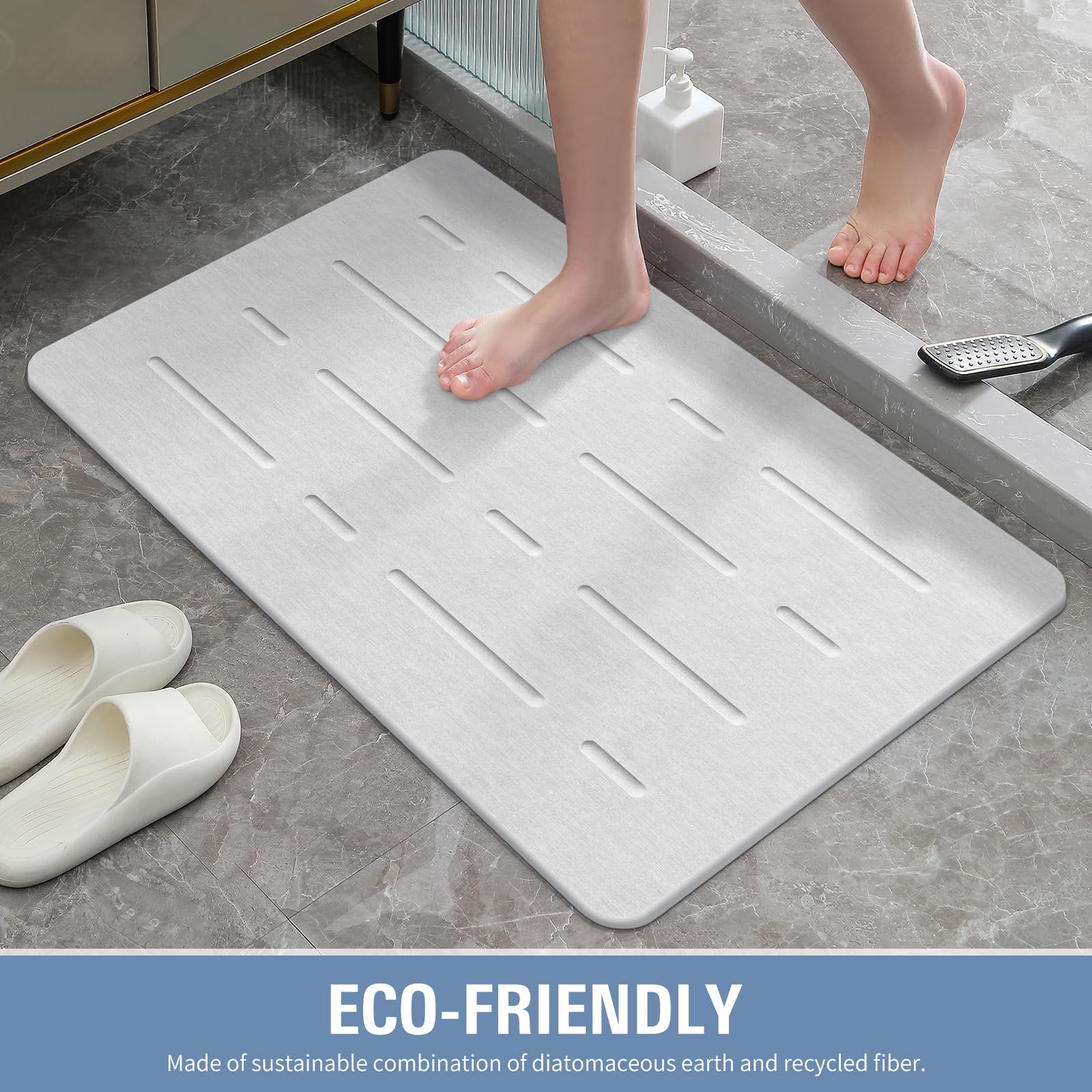 改OTHWAY Large Stone Bath Mat, 32"x 20" Diatomaceous Earth Bath Mat for Bathroom, Quick Drying Long Bath Mat Stone Absorbing, Non-Slip Diatomite Hard Stone Shower Mat Instant Dry(White Grey)