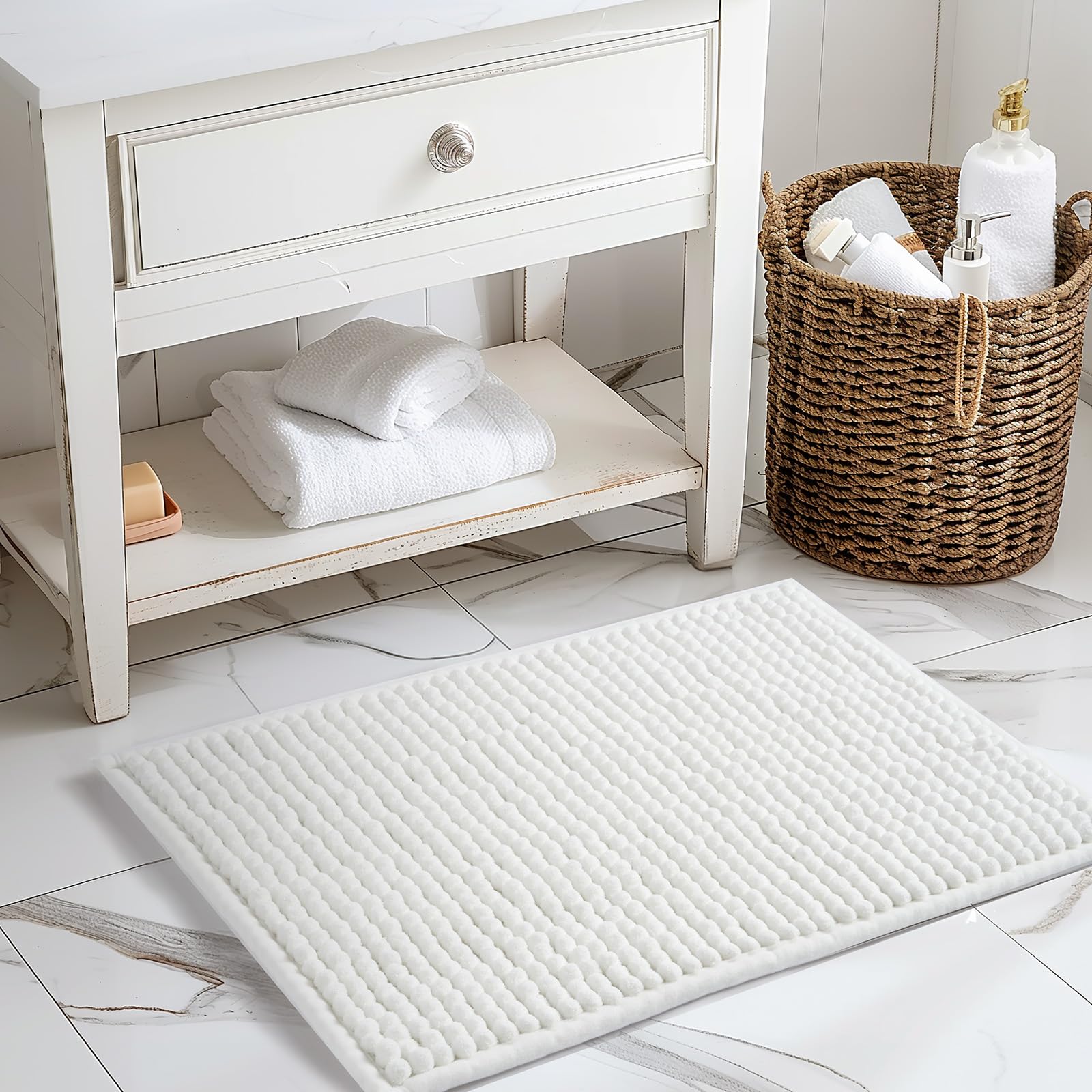 Chunky Ombre Chenille Bathroom Rug, Small Water Absorbent Soft Bath Rugs for Bathroom Floor, Thick Non Slip Cute Bath Mat Washable Quick Dry Shower Mats