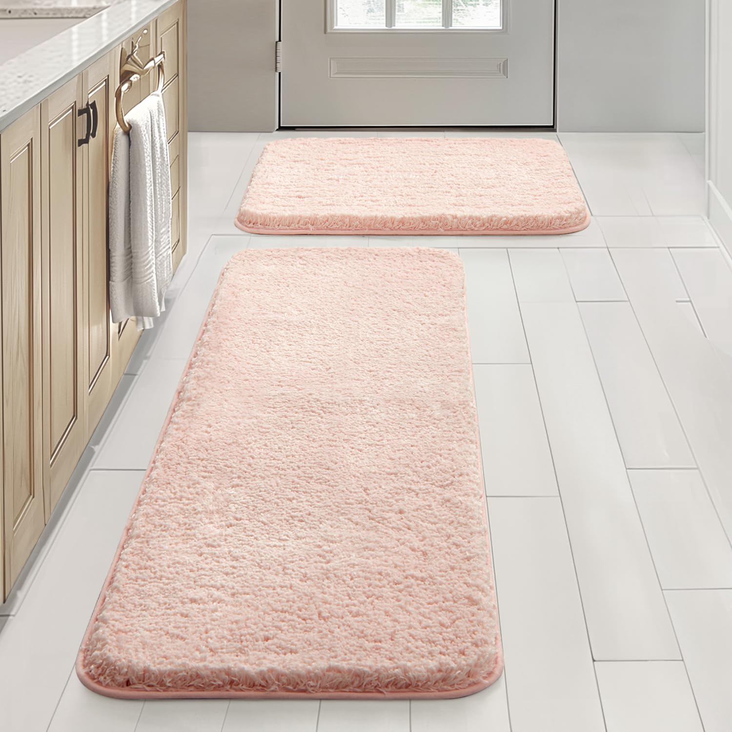 Pink Bathroom Rugs Sets 2 Piece - Absorbent Bath Mats Set Made of Thick Fluffy Microsiber for Bathroom Floor, Tub or Entryway, Non Slip Rubber Backside