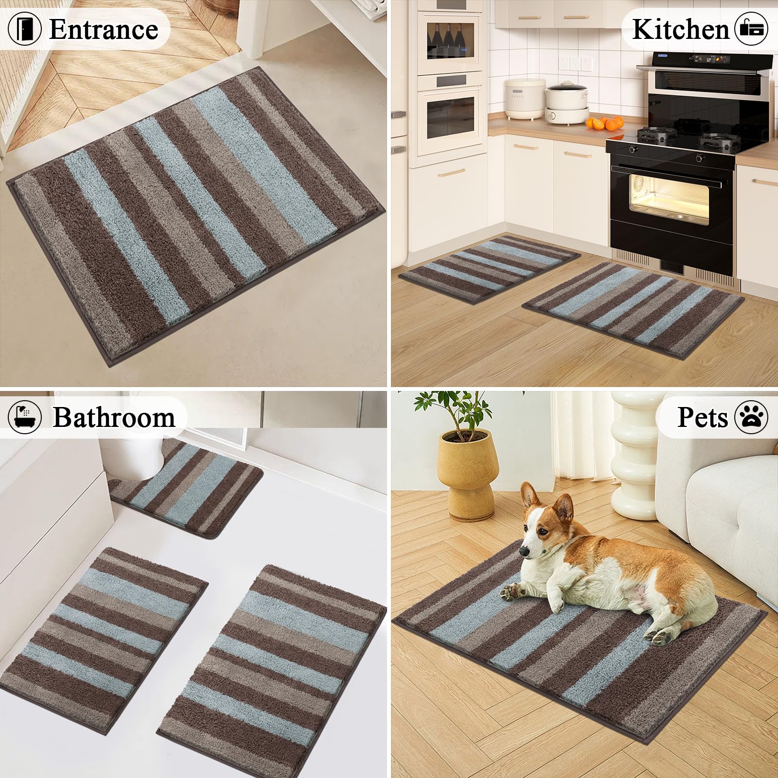 Soft Bathroom Rug Set, Non Slip Washable Bath Floor Mat, Absorbent Striped Bath Carpet for Tub, Bathroom and Shower