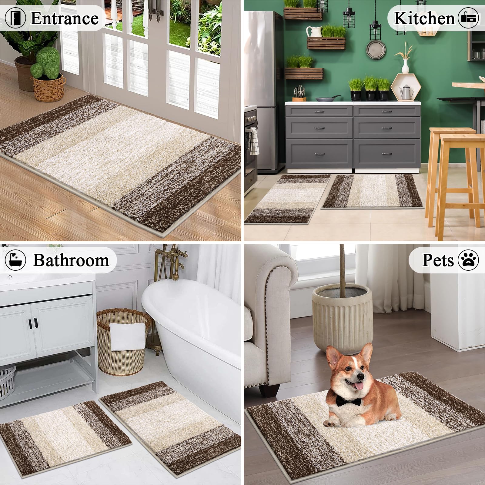 Soft Bathroom Rug Set, Non Slip Washable Bath Floor Mat, Absorbent Striped Bath Carpet for Tub, Bathroom and Shower