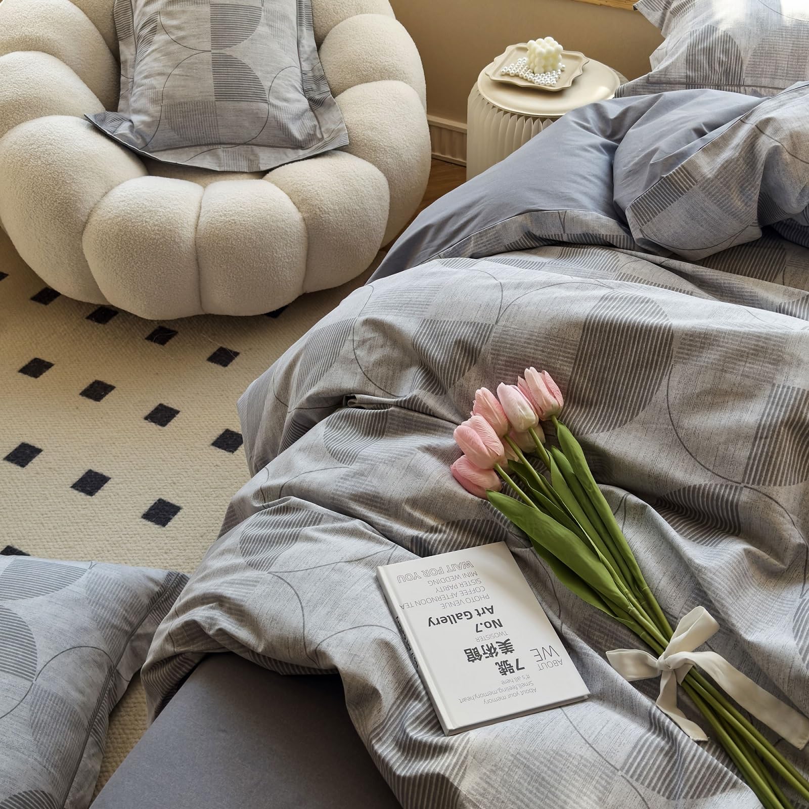 Cotton Grid Plaid Duvet Cover Set Full Modern Reversible Checkered Hotel Quality Zipper Closure Bedding Collection (NO Comforter)