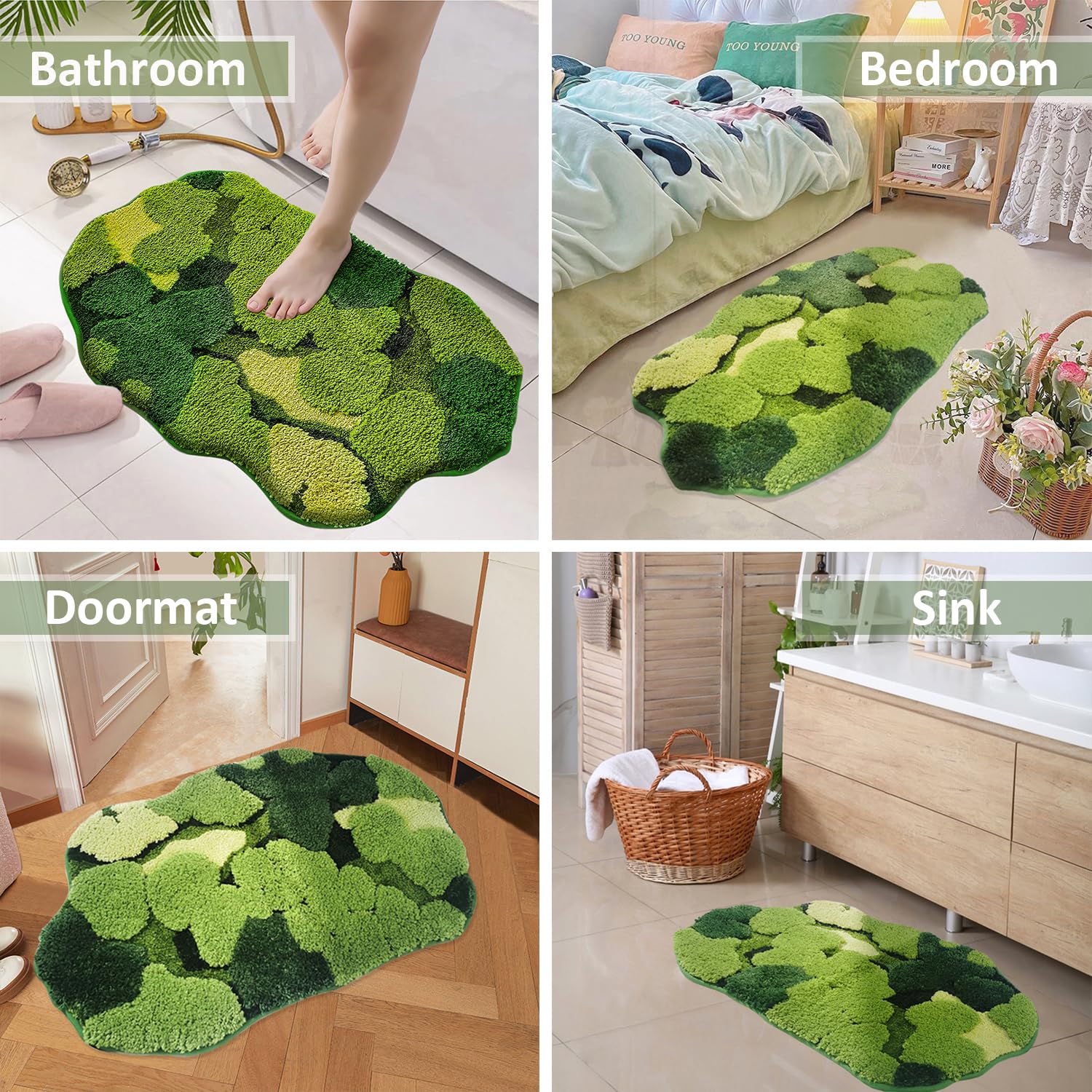 改Cute Green Moss Bathroom Runner Rug Long Rectangular Boho Aesthetic Leaf Leaves Bath Mat Shaggy Non Slip Absorbent Shower Mat Decor