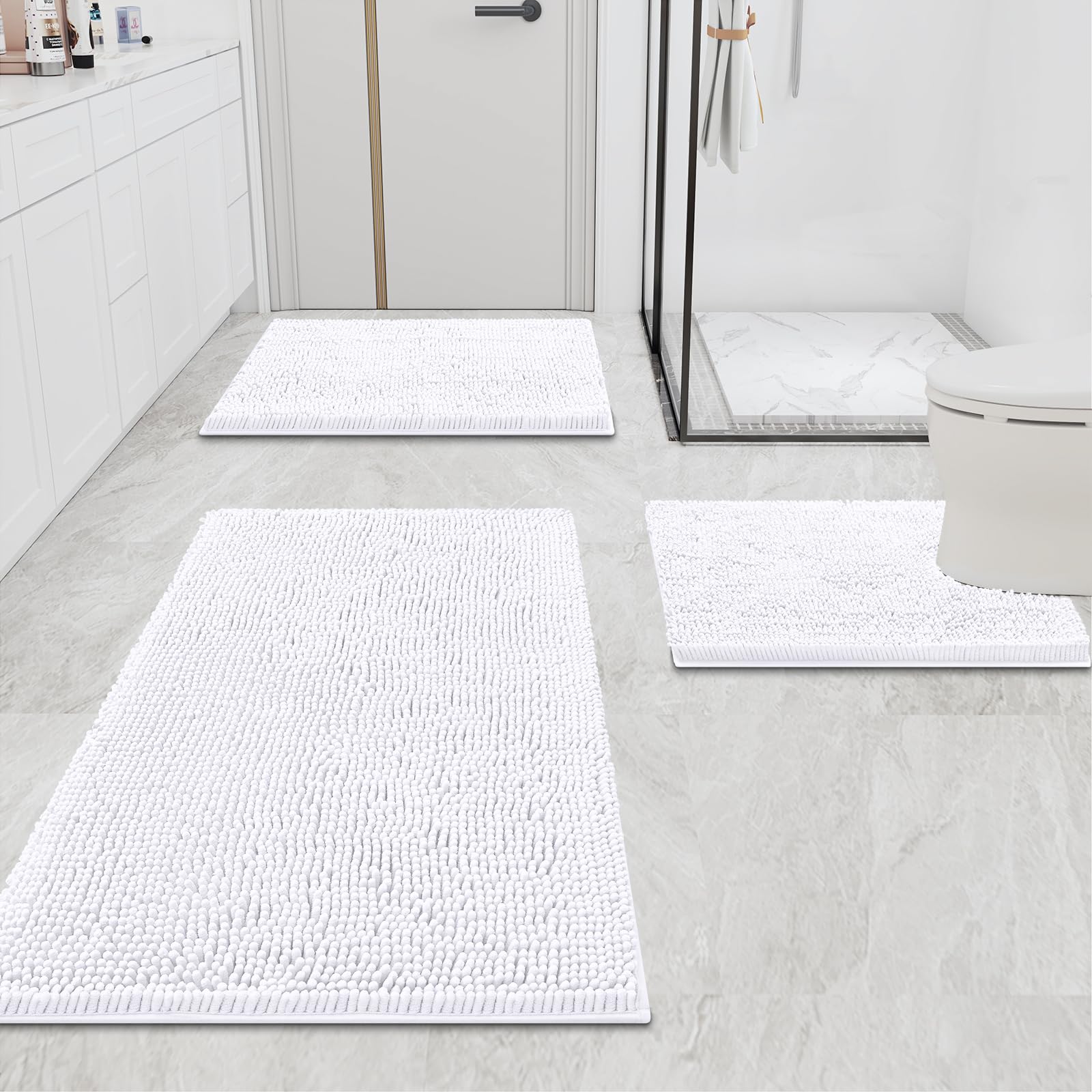 Bathroom Rugs and Mats Set, 2 Piece Chenille Bath Mat Set, Machine Wash Dry, Non Slip Absorbent Shaggy Bath Rug for Bath Room, Shower and Tub