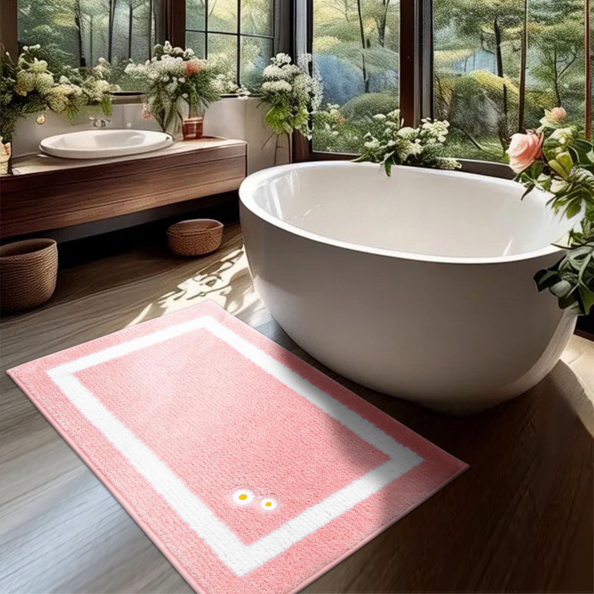改BEQHAUSE Bathroom-Rug-Non-Slip-Bath-Mats-for-Bathroom Absorbent and Soft Bathroom Mat Washable Bath Rugs Embroidered Floral Bathroom Rugs Beige Bath Mat 20" x32