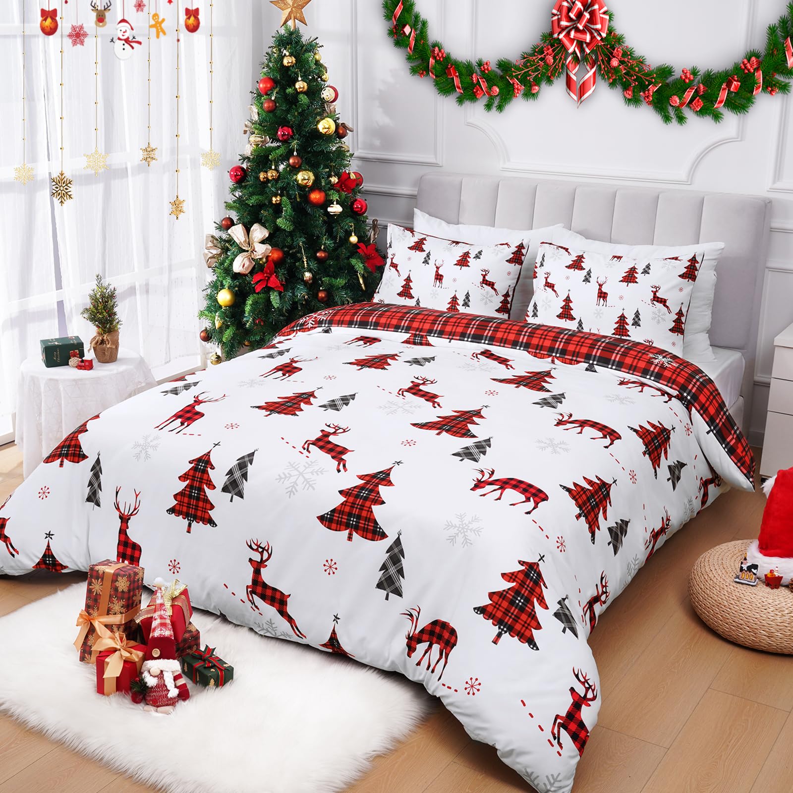 改FRAMICS 3 Piece Christmas Duvet Cover Queen Set - Soft Double Brushed Retro Queen Duvet Cover with Zipper Closure, Red Buffalo Plaid Comforter Cover Set, 1 Duvet Cover 90 x 90 inch and 2 Pillow Shams