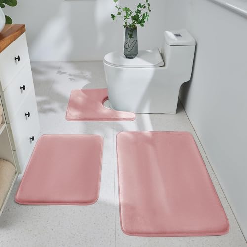 Bathroom Rugs Sets 3 Piece, Ultra Soft Velvet Memory Foam Bath Rugs, Non-Slip & PVC Backing Bathroom Mat Set, Washable Quick Dry Bathroom Rug