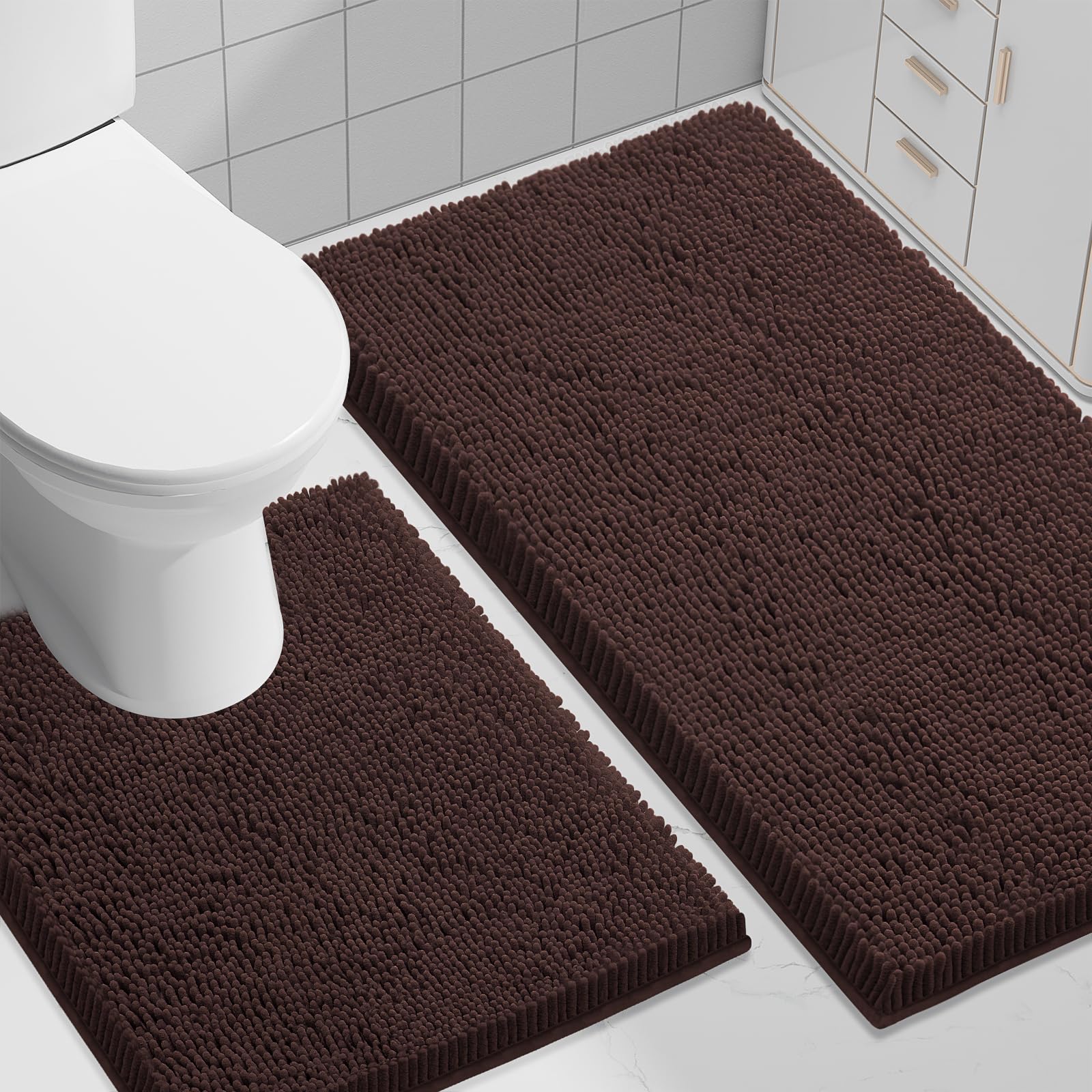 Bathroom Rugs and Mats Set, 2 Piece Chenille Bath Mat Set, Machine Wash Dry, Non Slip Absorbent Shaggy Bath Rug for Bath Room, Shower and Tub