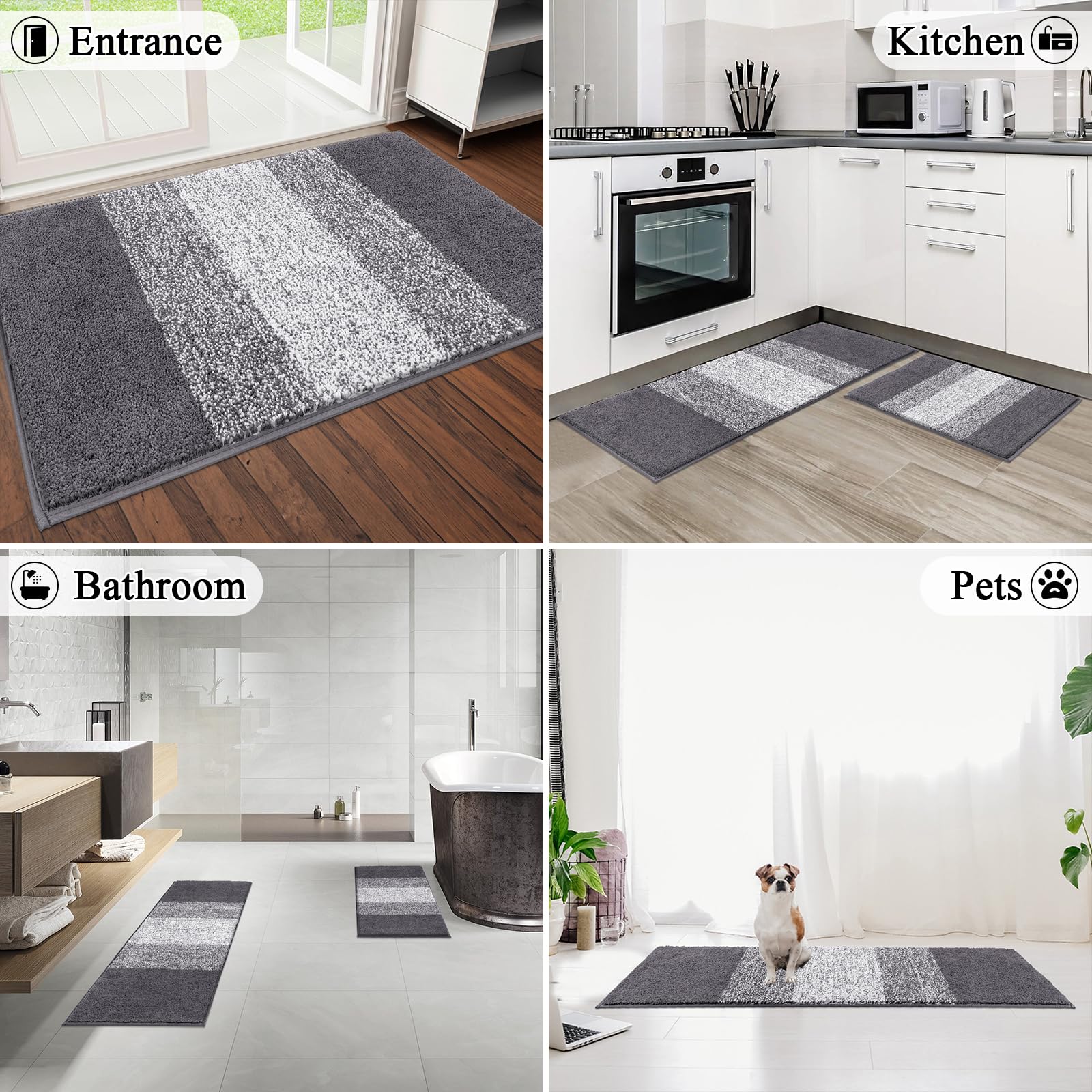 Soft Bathroom Rug Set, Non Slip Washable Bath Floor Mat, Absorbent Striped Bath Carpet for Tub, Bathroom and Shower