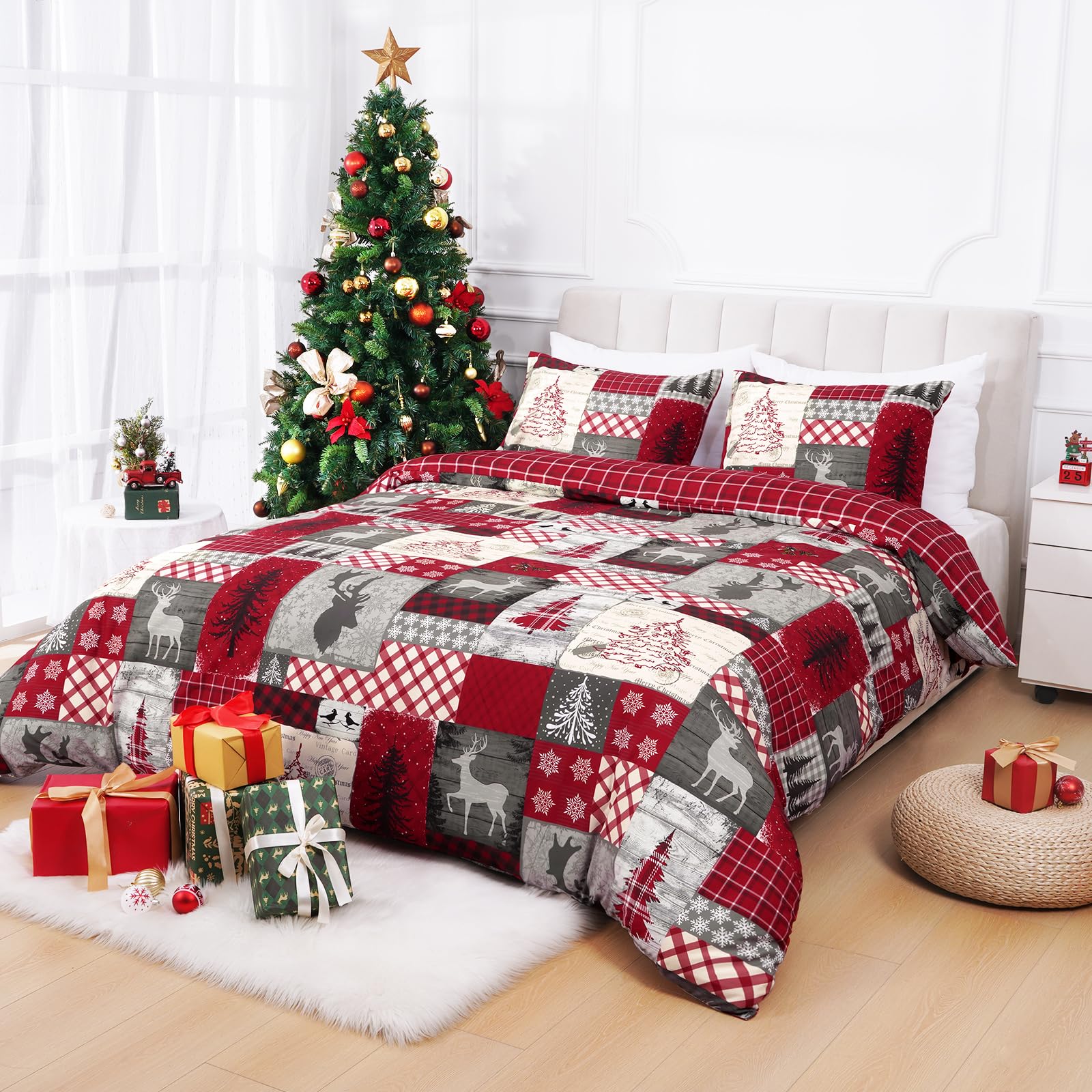改FRAMICS 3 Piece Christmas Duvet Cover Queen Set - Soft Double Brushed Retro Queen Duvet Cover with Zipper Closure, Red Buffalo Plaid Comforter Cover Set, 1 Duvet Cover 90 x 90 inch and 2 Pillow Shams