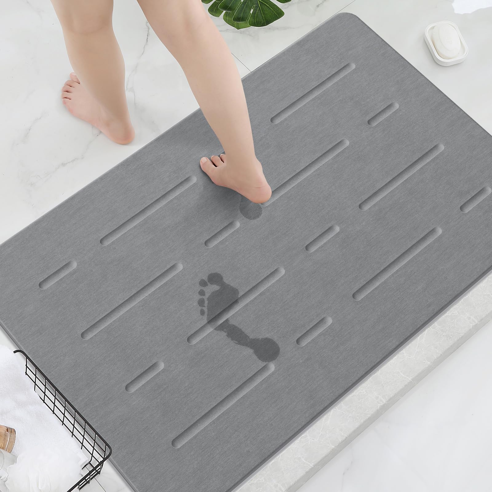 改OTHWAY Large Stone Bath Mat, 32"x 20" Diatomaceous Earth Bath Mat for Bathroom, Quick Drying Long Bath Mat Stone Absorbing, Non-Slip Diatomite Hard Stone Shower Mat Instant Dry(White Grey)