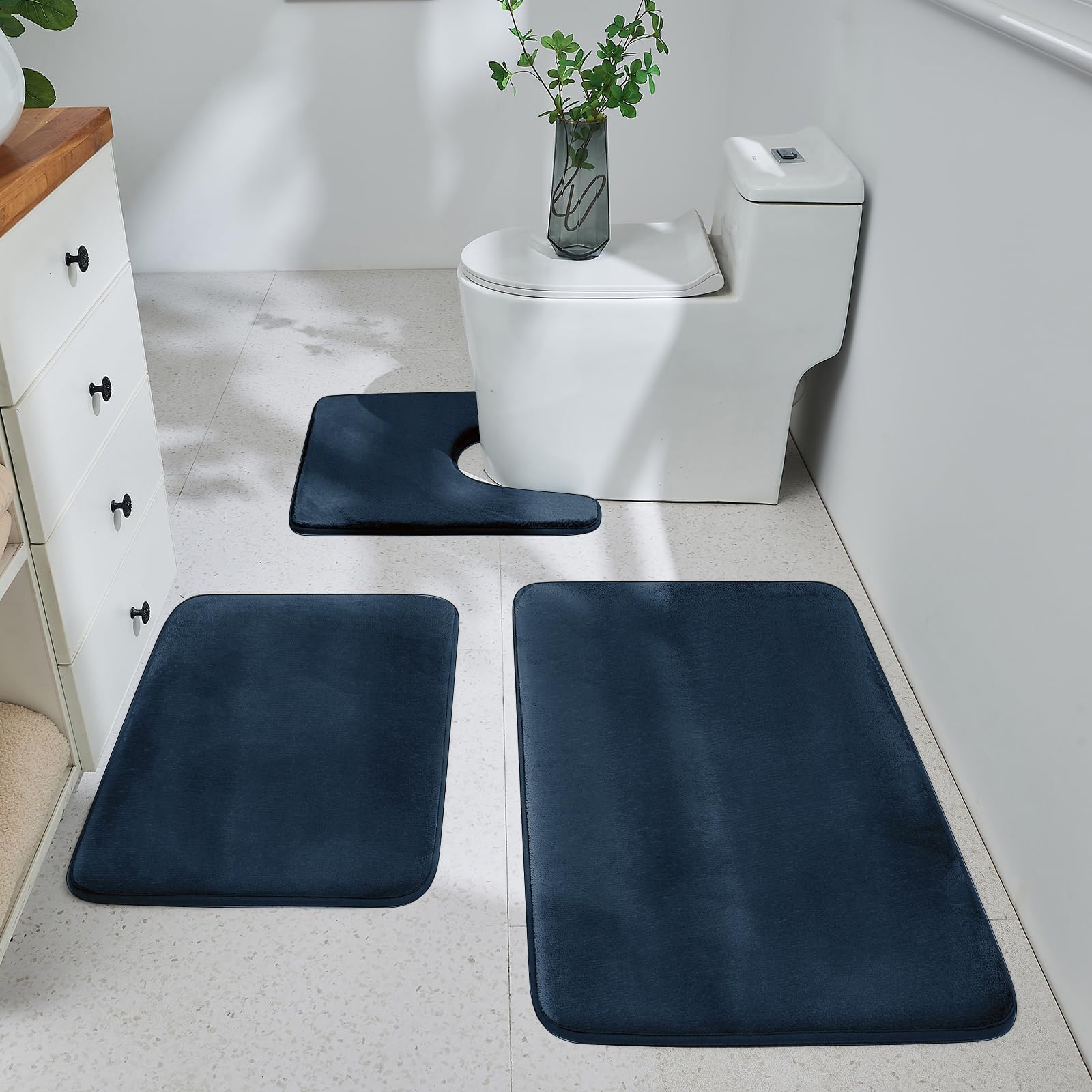 Bathroom Rugs Sets 3 Piece, Ultra Soft Velvet Memory Foam Bath Rugs, Non-Slip & PVC Backing Bathroom Mat Set, Washable Quick Dry Bathroom Rug