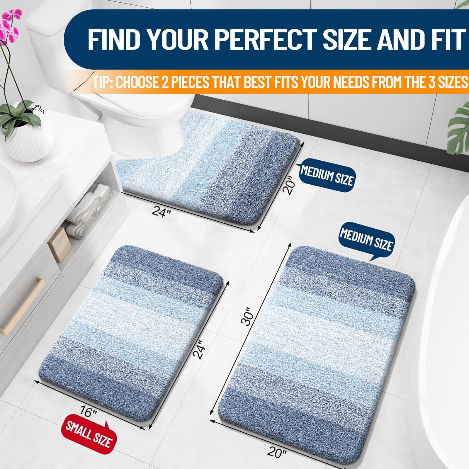 Luxury Bathroom Rug Set 2 Piece, Soft Absorbent Microfiber Bath Rug Set, Non-Slip Striped Bath Carpet, Machine Wash Dry, Bath Mats for Bathroom