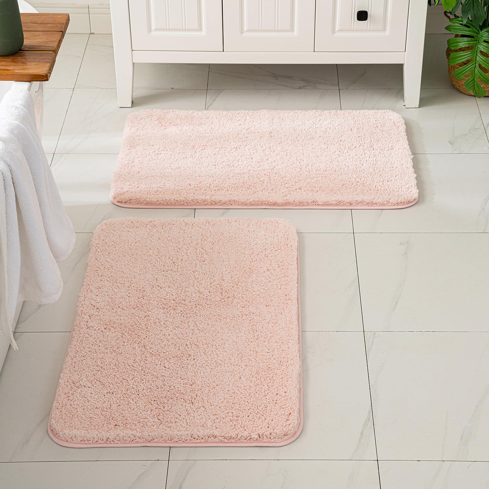 Pink Bathroom Rugs Sets 2 Piece - Absorbent Bath Mats Set Made of Thick Fluffy Microsiber for Bathroom Floor, Tub or Entryway, Non Slip Rubber Backside