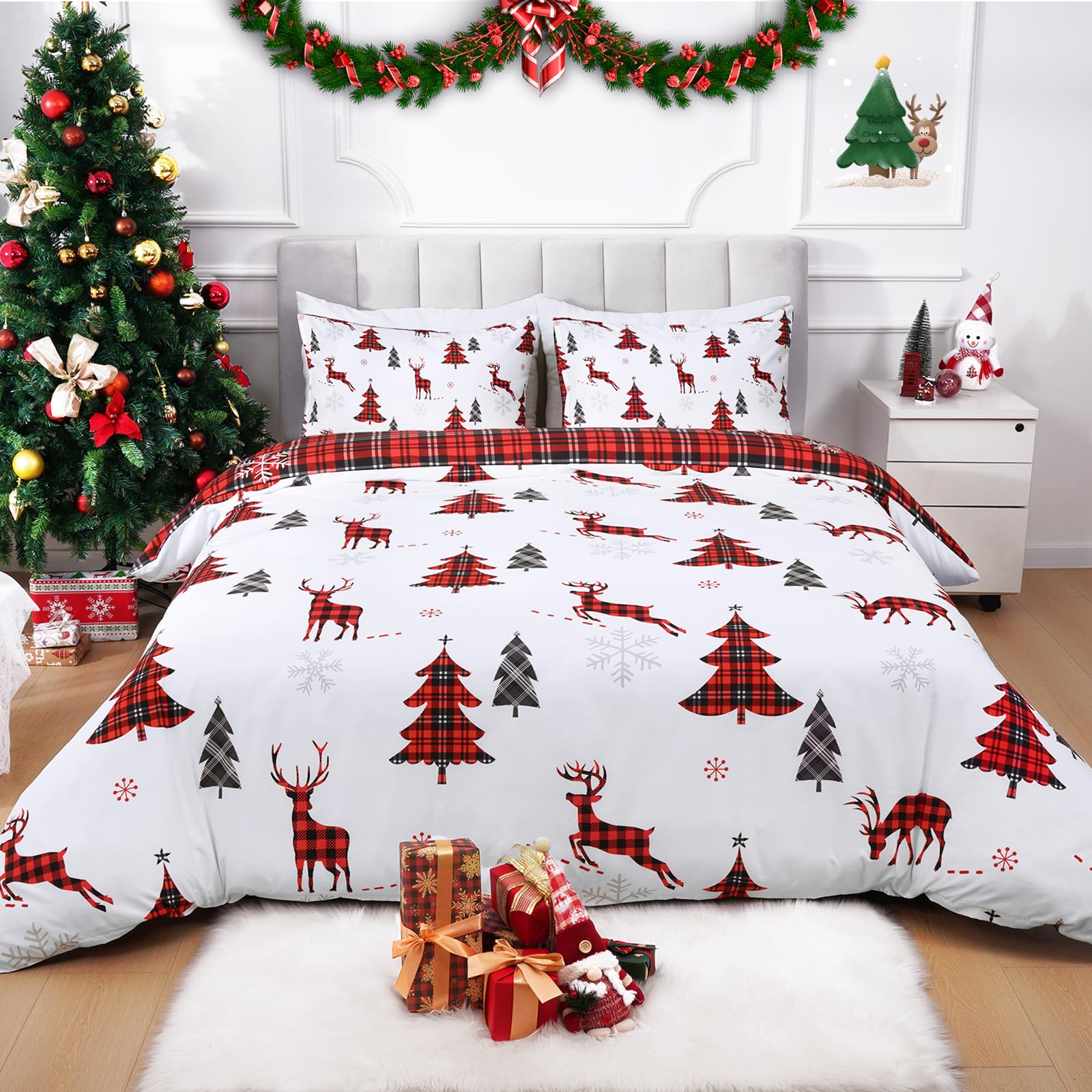 3 Piece Christmas Duvet Cover Queen Set - Soft Double Brushed Retro Queen Duvet Cover with Zipper Closure, Red Buffalo Plaid Comforter Cover Set