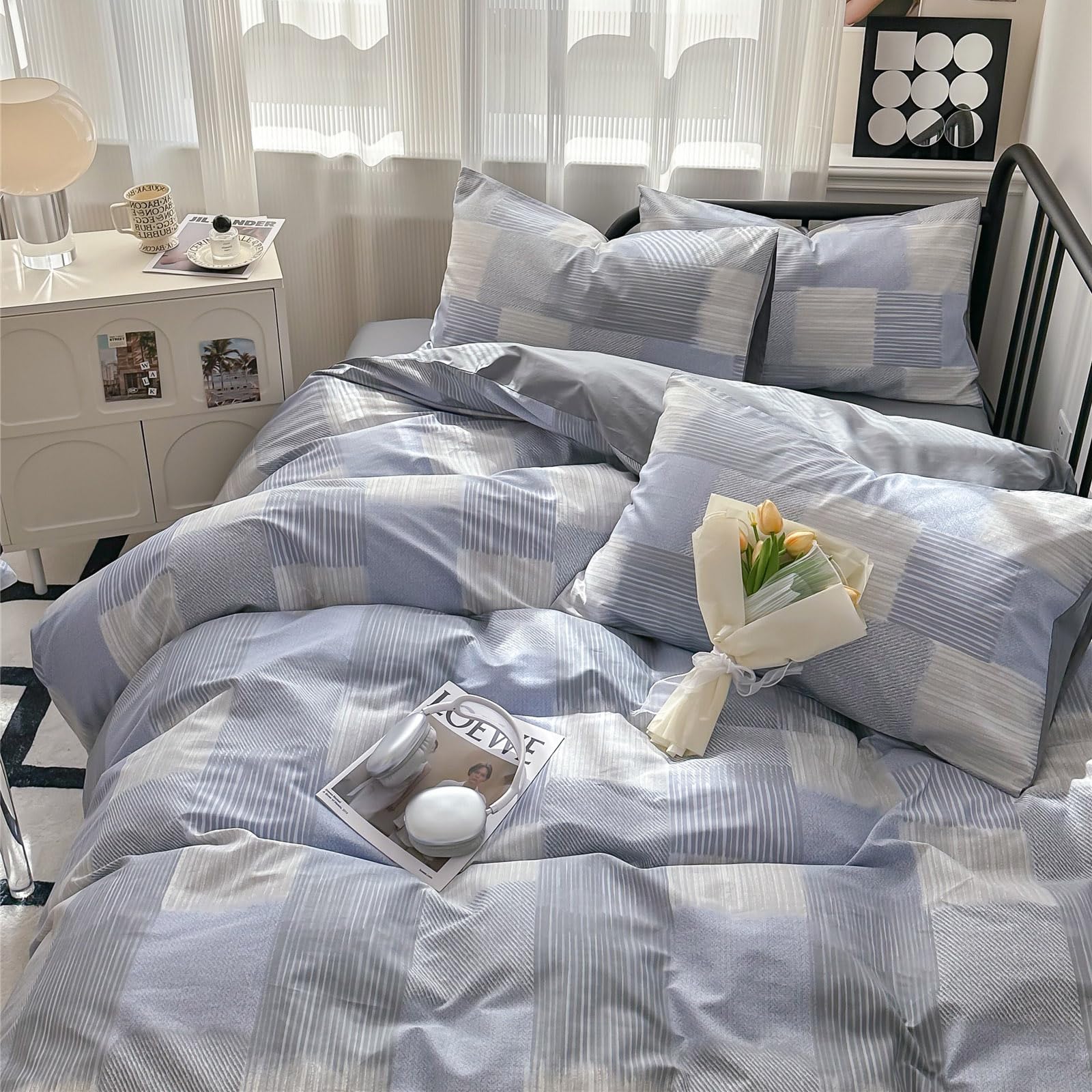 Cotton Grid Plaid Duvet Cover Set Full Modern Reversible Checkered Hotel Quality Zipper Closure Bedding Collection (NO Comforter)