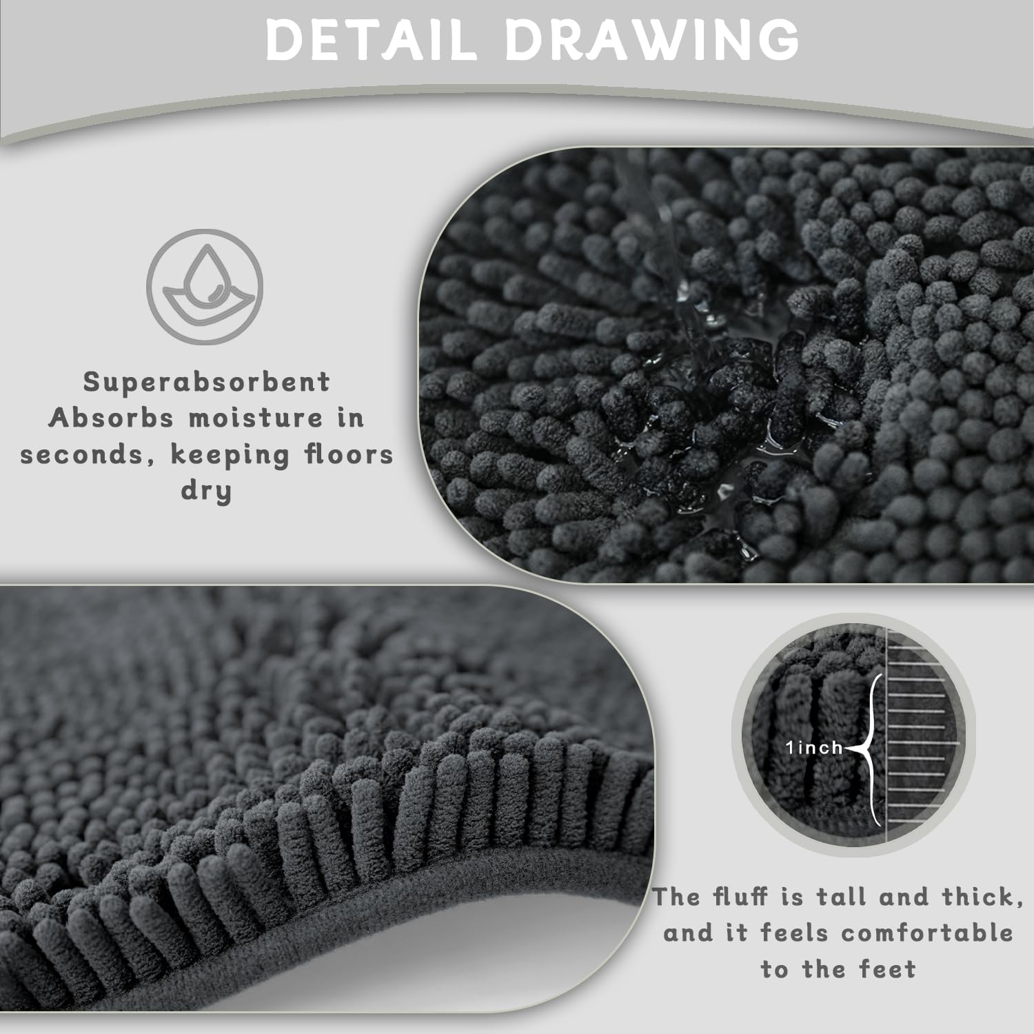 Bathroom Rugs Sets 2 Piece, Ultra Soft Absorbent Bath mat Chenille Bathroom Rug, Antiskid Bath mats Washable Bathroom mat (20x32 inch + 16x24 inch)