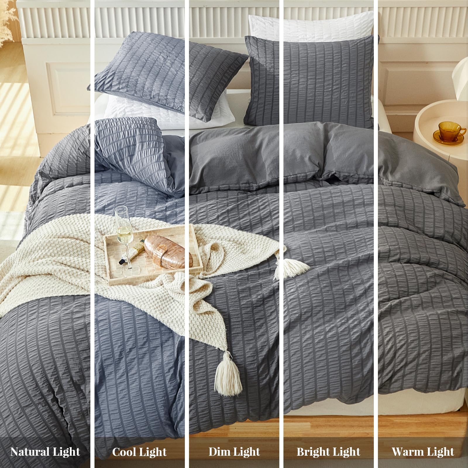 Duvet Cover Set Queen Size, 3pcs Washed Microfiber White Bedding Set, Soft Breathable Striped Textured Seersucker Duvet Cover with Zipper Closure & Corner Ties