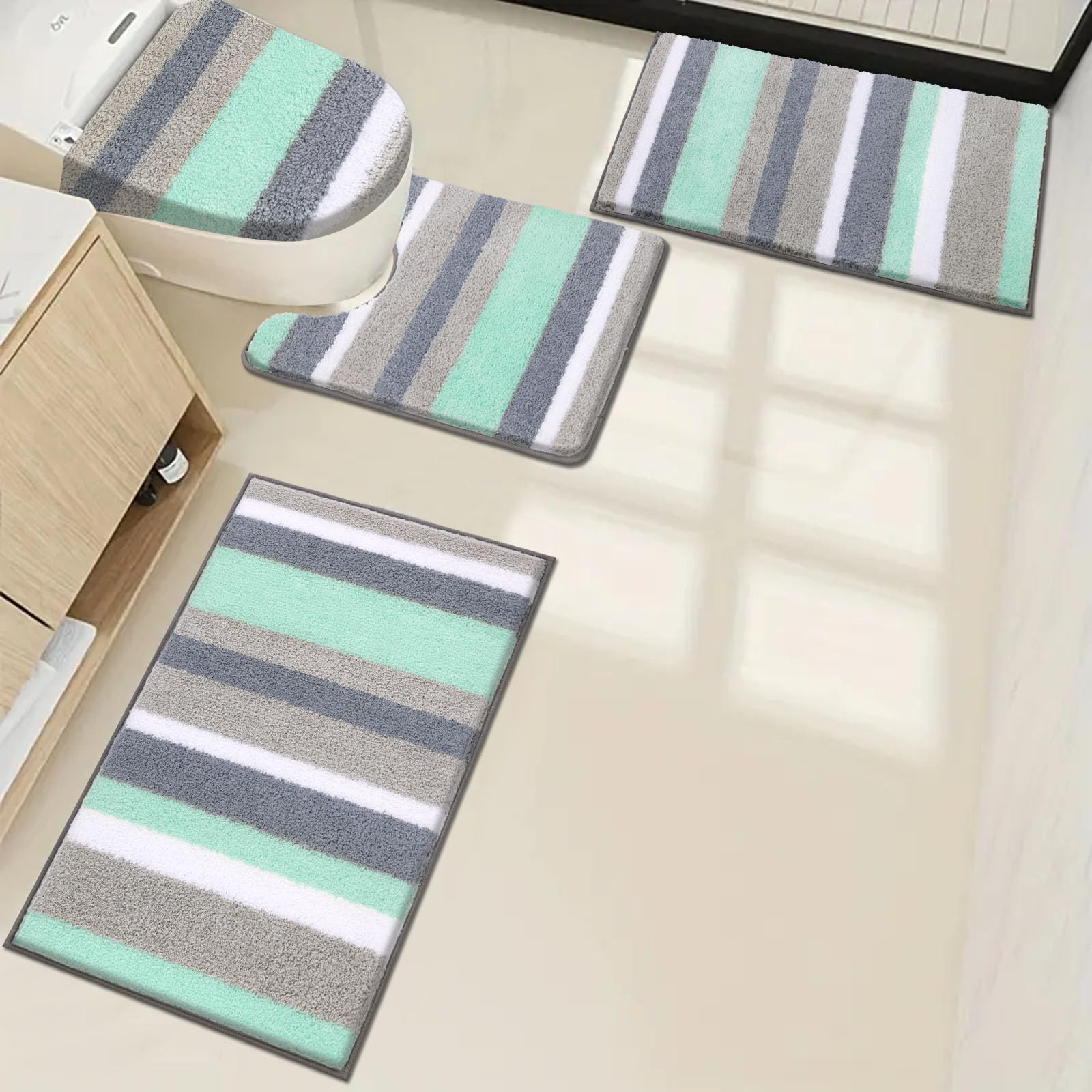 Soft Bathroom Rug Set, Non Slip Washable Bath Floor Mat, Absorbent Striped Bath Carpet for Tub, Bathroom and Shower