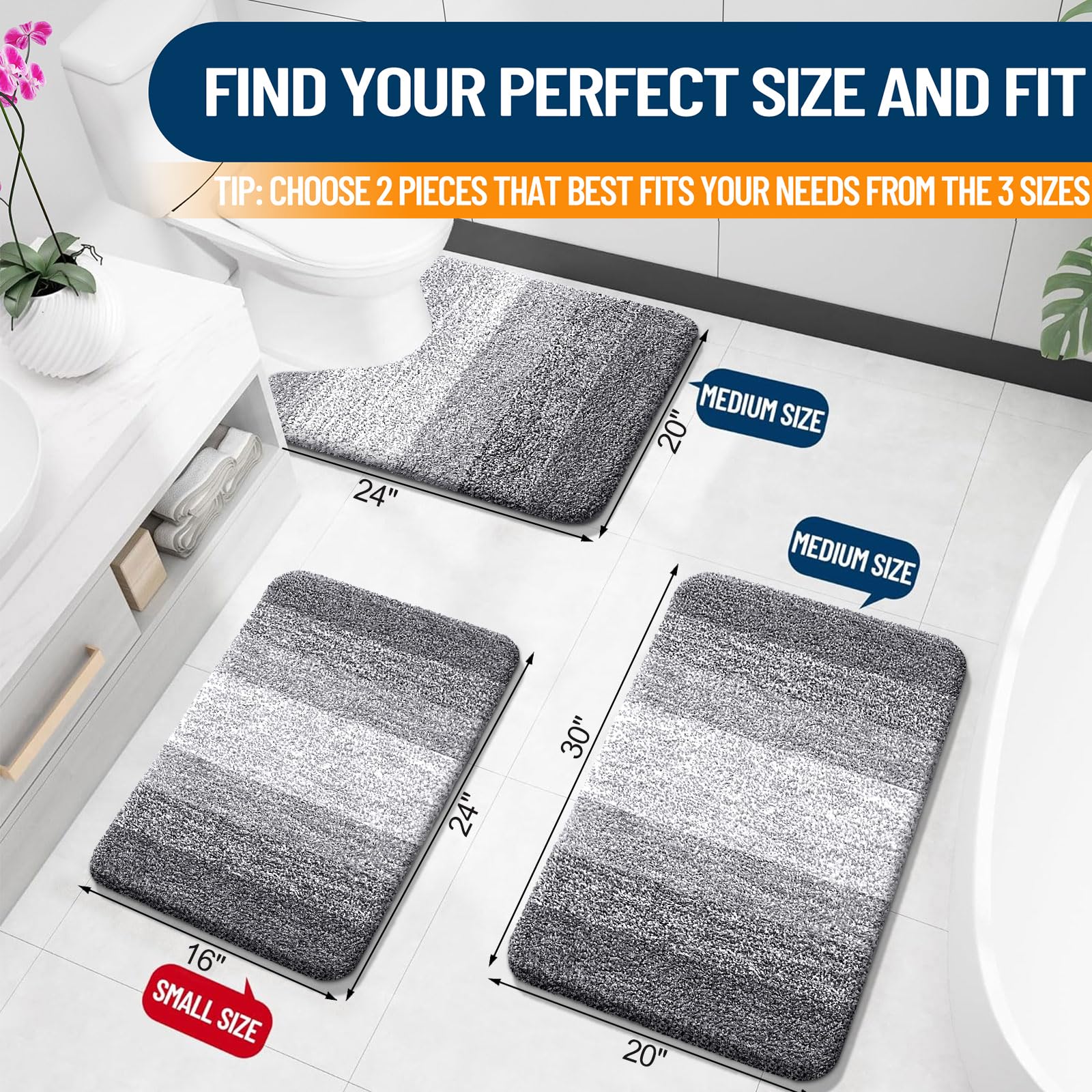 Luxury Bathroom Rug Set 2 Piece, Soft Absorbent Microfiber Bath Rug Set, Non-Slip Striped Bath Carpet, Machine Wash Dry, Bath Mats for Bathroom