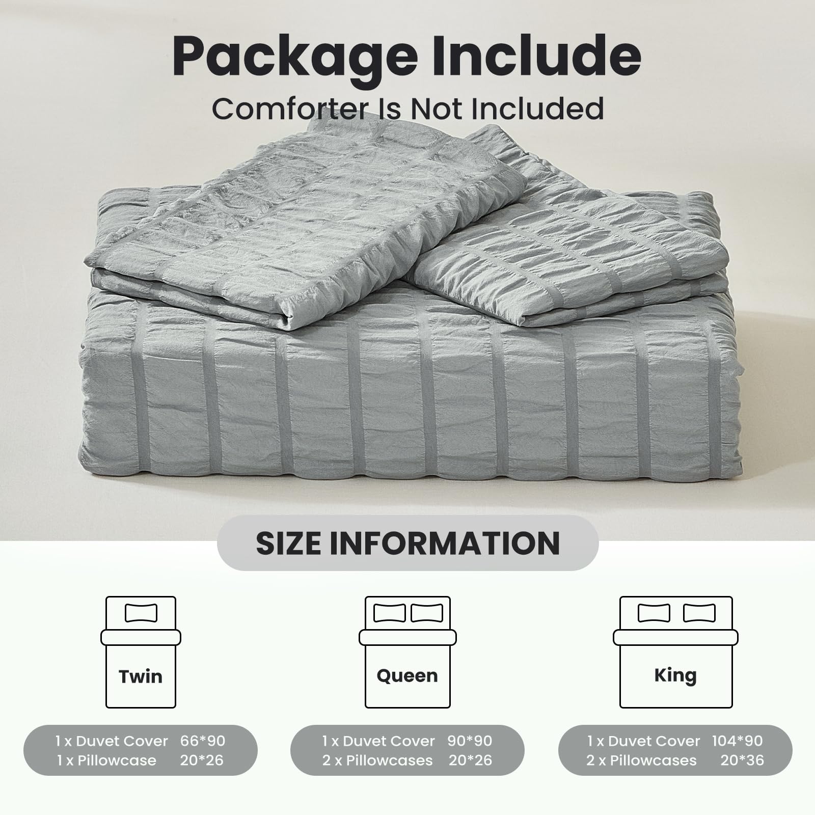 Duvet Cover Set Queen Size, 3pcs Washed Microfiber White Bedding Set, Soft Breathable Striped Textured Seersucker Duvet Cover with Zipper Closure & Corner Ties
