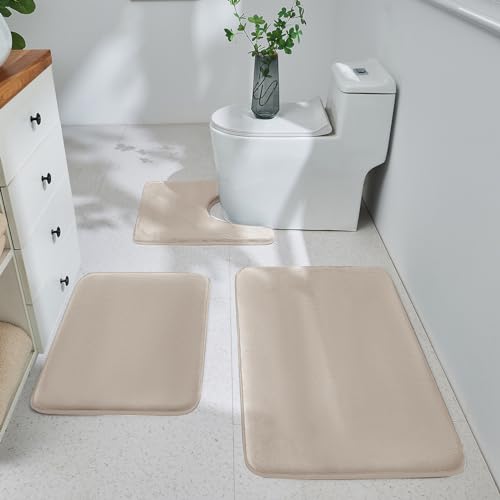 Bathroom Rugs Sets 3 Piece, Ultra Soft Velvet Memory Foam Bath Rugs, Non-Slip & PVC Backing Bathroom Mat Set, Washable Quick Dry Bathroom Rug