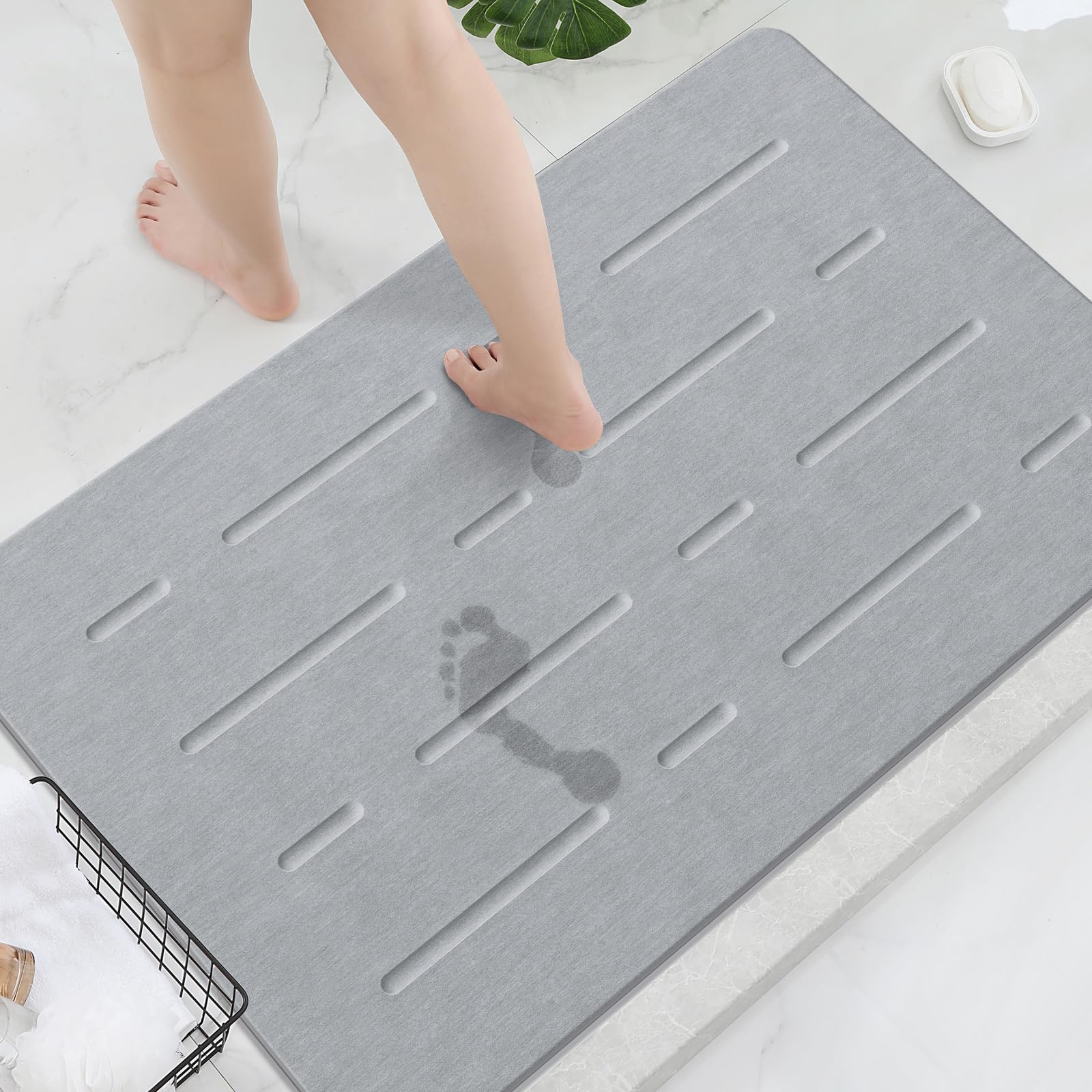 改OTHWAY Large Stone Bath Mat, 32"x 20" Diatomaceous Earth Bath Mat for Bathroom, Quick Drying Long Bath Mat Stone Absorbing, Non-Slip Diatomite Hard Stone Shower Mat Instant Dry(White Grey)
