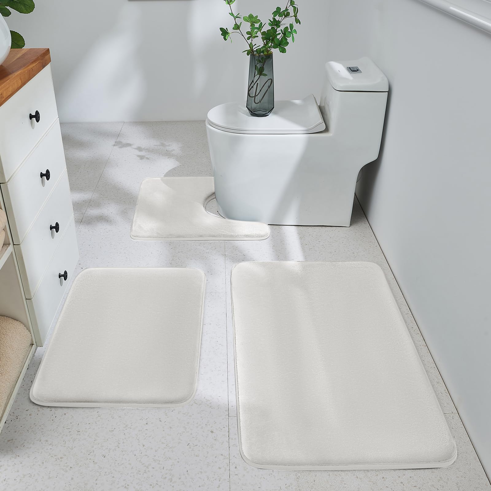 Bathroom Rugs Sets 3 Piece, Ultra Soft Velvet Memory Foam Bath Rugs, Non-Slip & PVC Backing Bathroom Mat Set, Washable Quick Dry Bathroom Rug