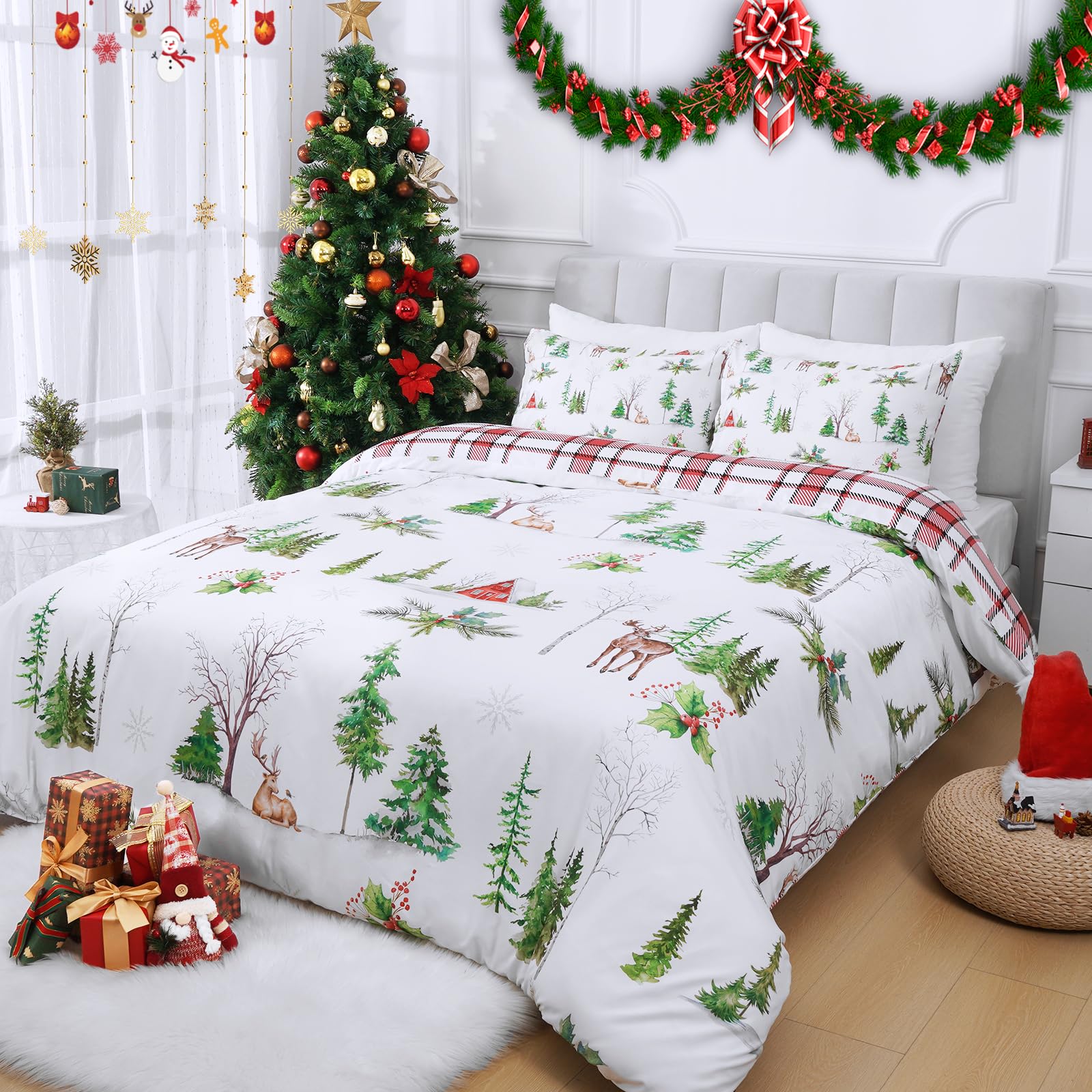3 Piece Christmas Duvet Cover Queen Set - Soft Double Brushed Retro Queen Duvet Cover with Zipper Closure, Red Buffalo Plaid Comforter Cover Set