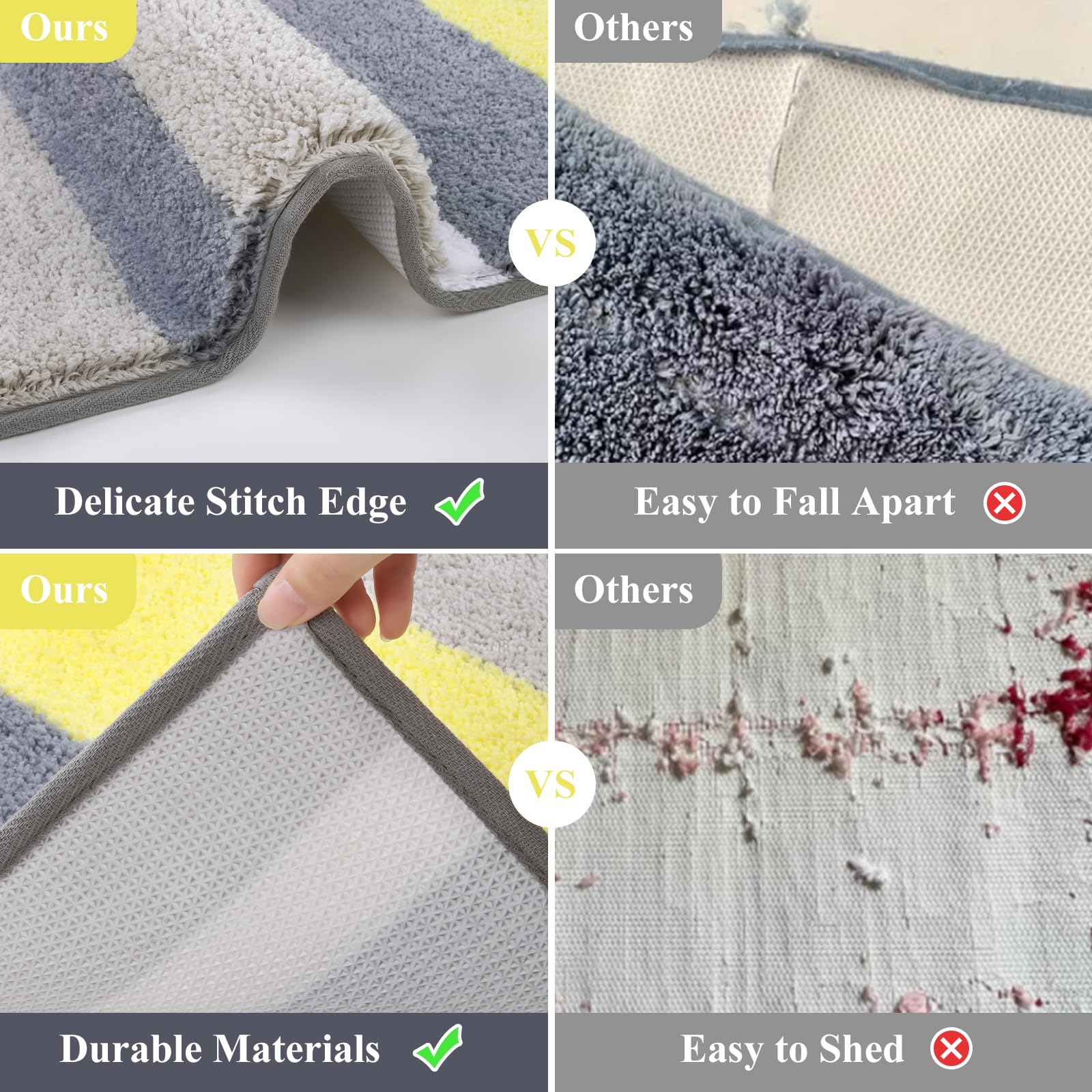 Soft Bathroom Rug Set, Non Slip Washable Bath Floor Mat, Absorbent Striped Bath Carpet for Tub, Bathroom and Shower