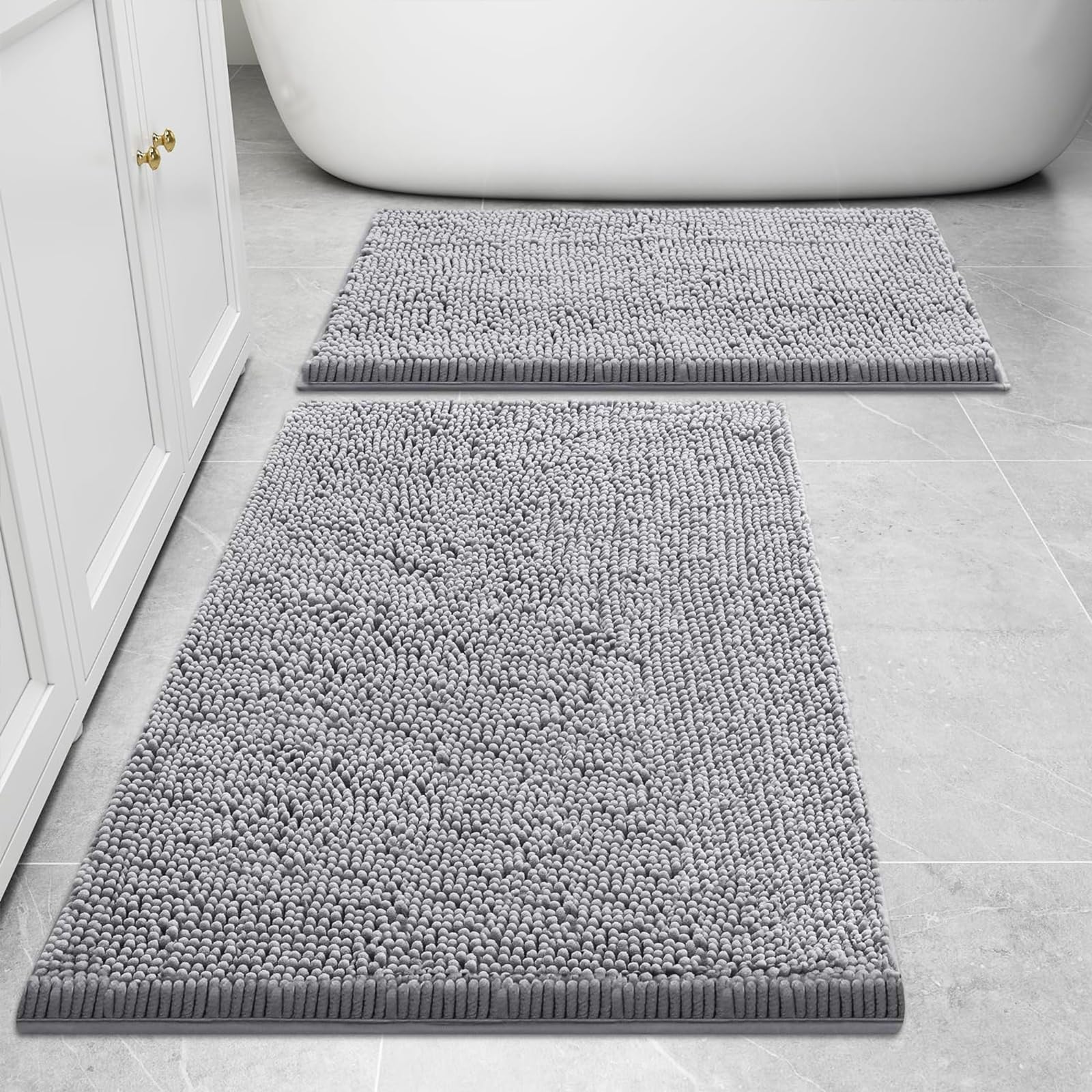 Bathroom Rugs and Mats Set, 2 Piece Chenille Bath Mat Set, Machine Wash Dry, Non Slip Absorbent Shaggy Bath Rug for Bath Room, Shower and Tub