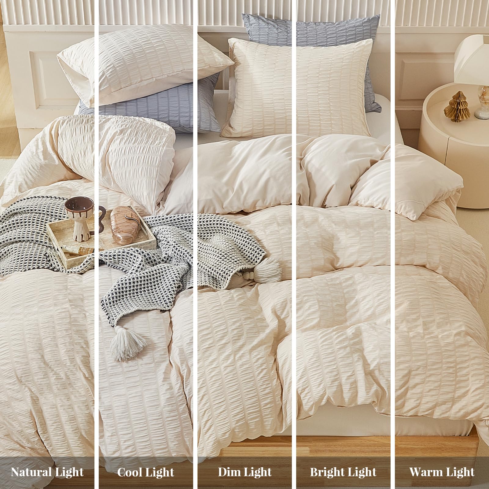 Duvet Cover Set Queen Size, 3pcs Washed Microfiber White Bedding Set, Soft Breathable Striped Textured Seersucker Duvet Cover with Zipper Closure & Corner Ties