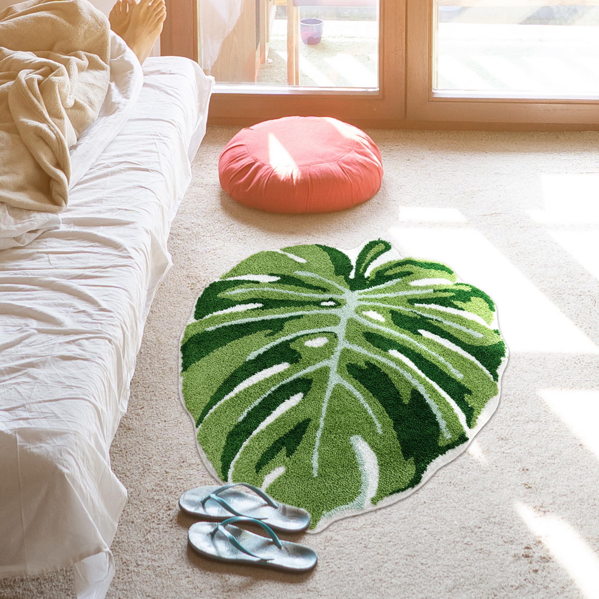 改Panstar Green Leaf Mat, Large Monstera Cute Non Slip Palm Shaped Plush Fun Kitchen, Bathroom Bathtub Rugs Machine Washable