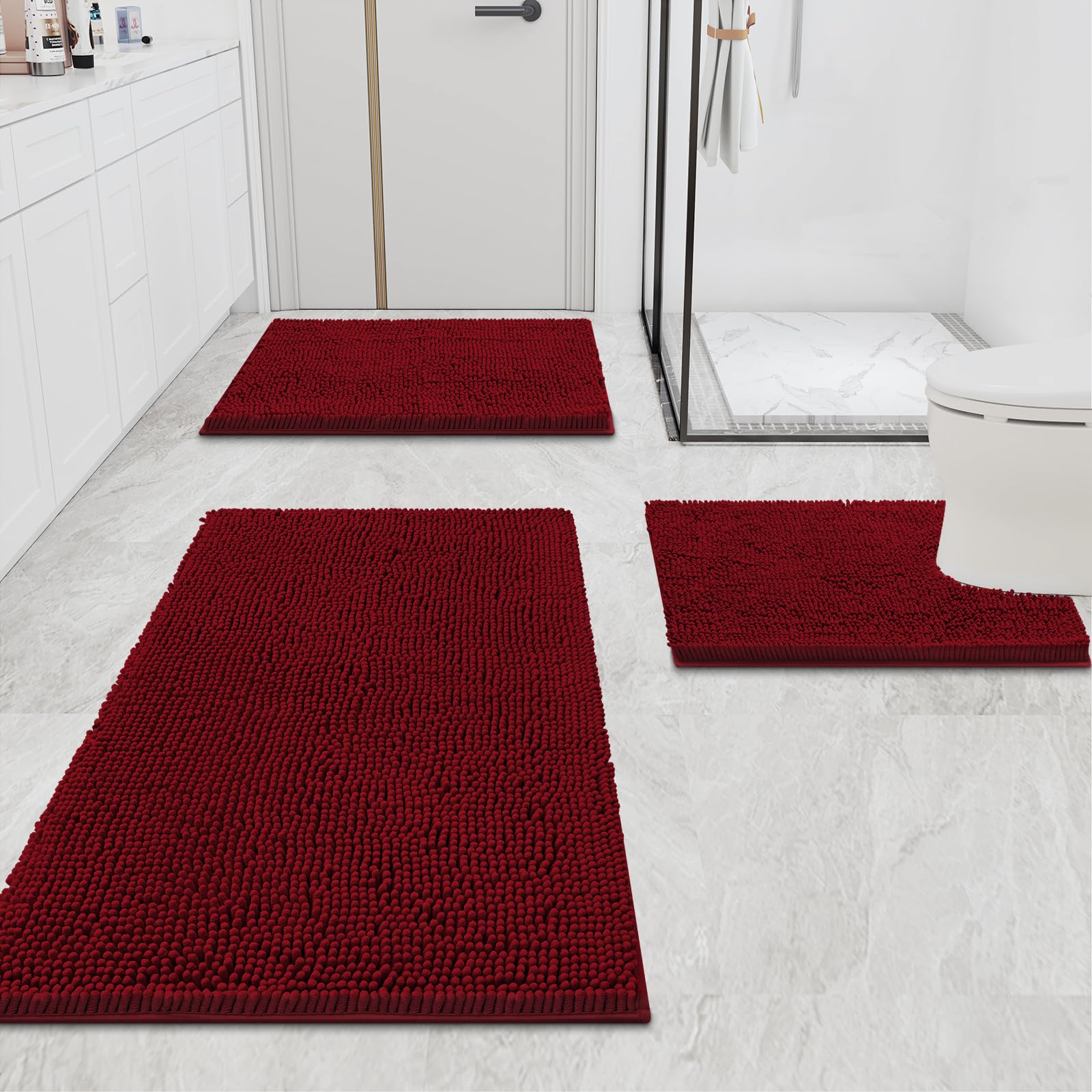 Bathroom Rugs and Mats Set, 2 Piece Chenille Bath Mat Set, Machine Wash Dry, Non Slip Absorbent Shaggy Bath Rug for Bath Room, Shower and Tub