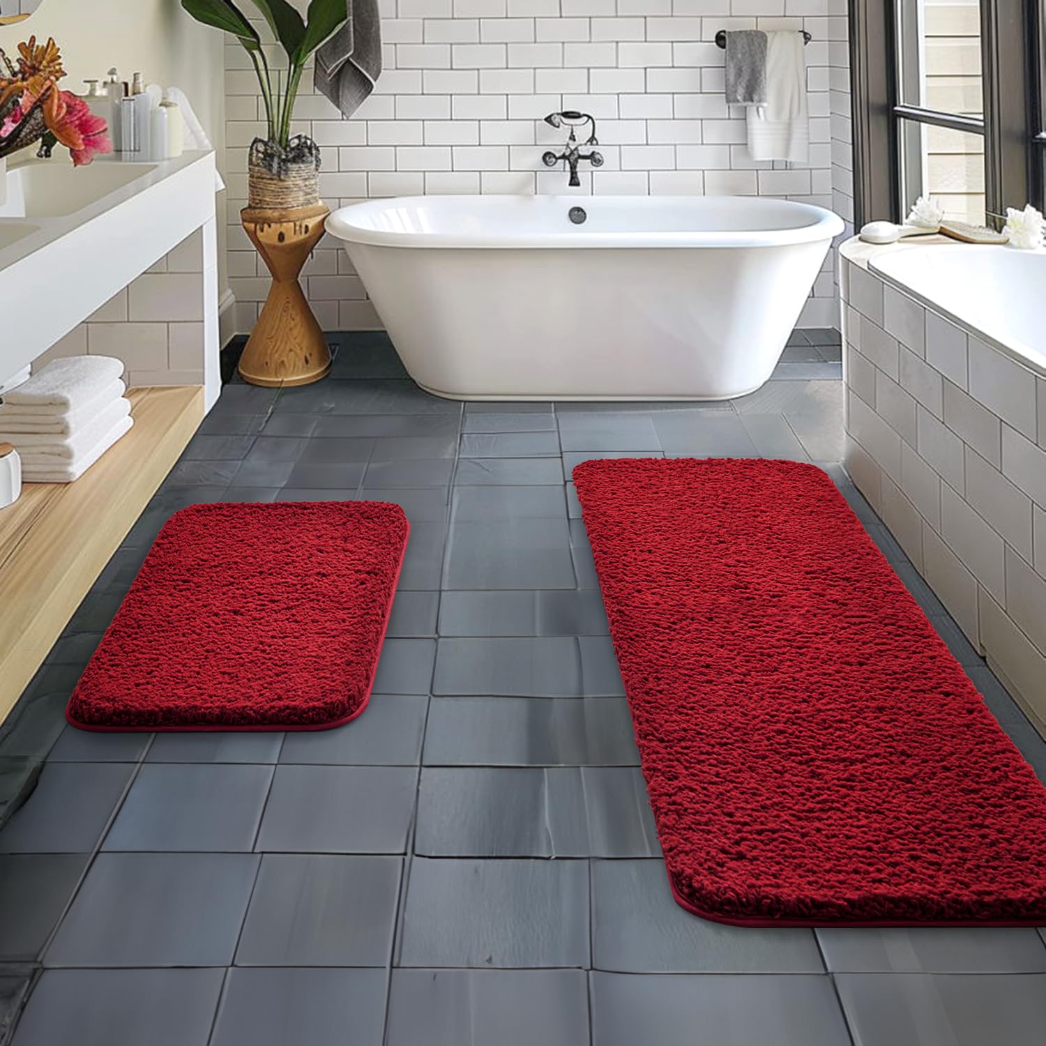 Pink Bathroom Rugs Sets 2 Piece - Absorbent Bath Mats Set Made of Thick Fluffy Microsiber for Bathroom Floor, Tub or Entryway, Non Slip Rubber Backside