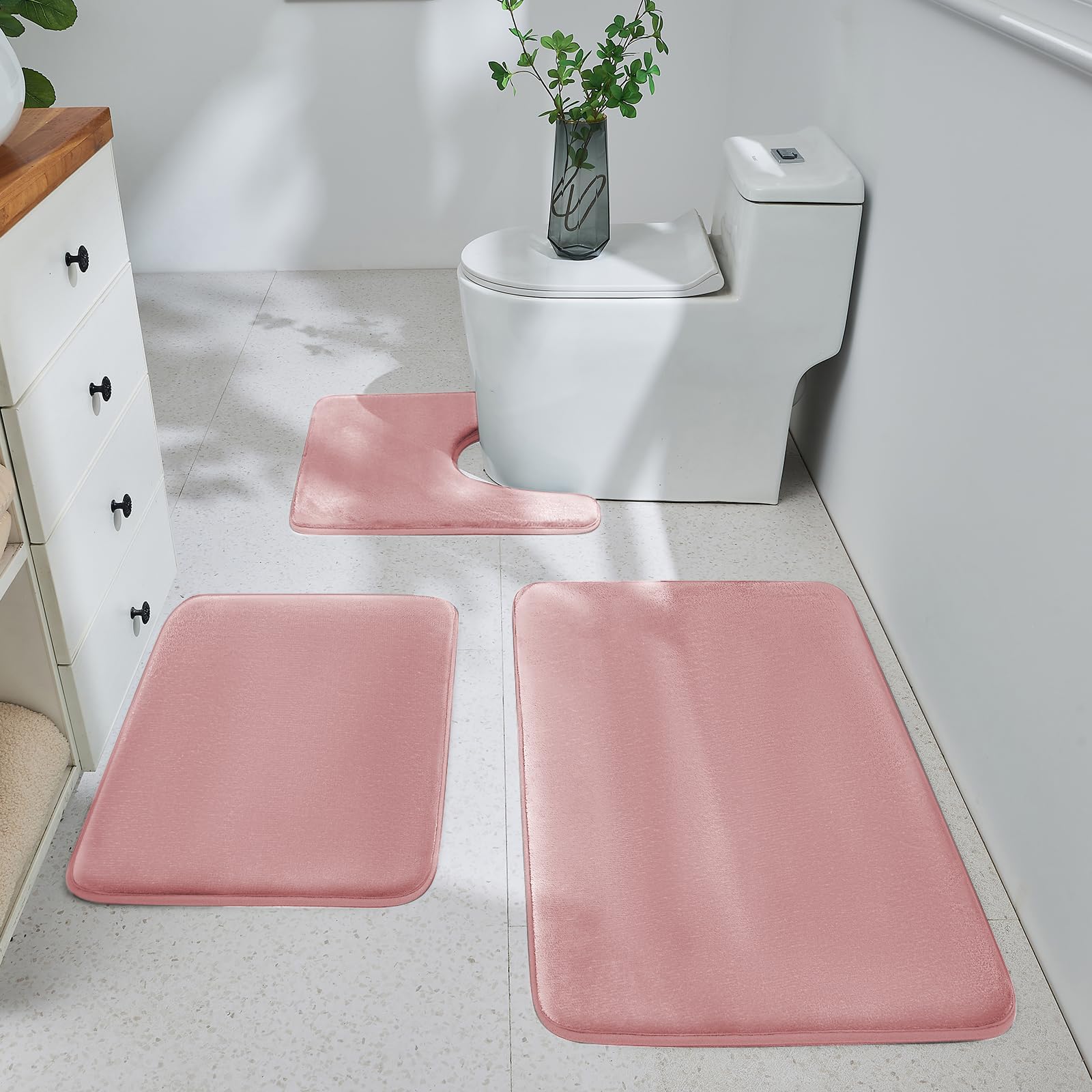 Bathroom Rugs Sets 3 Piece, Ultra Soft Velvet Memory Foam Bath Rugs, Non-Slip & PVC Backing Bathroom Mat Set, Washable Quick Dry Bathroom Rug