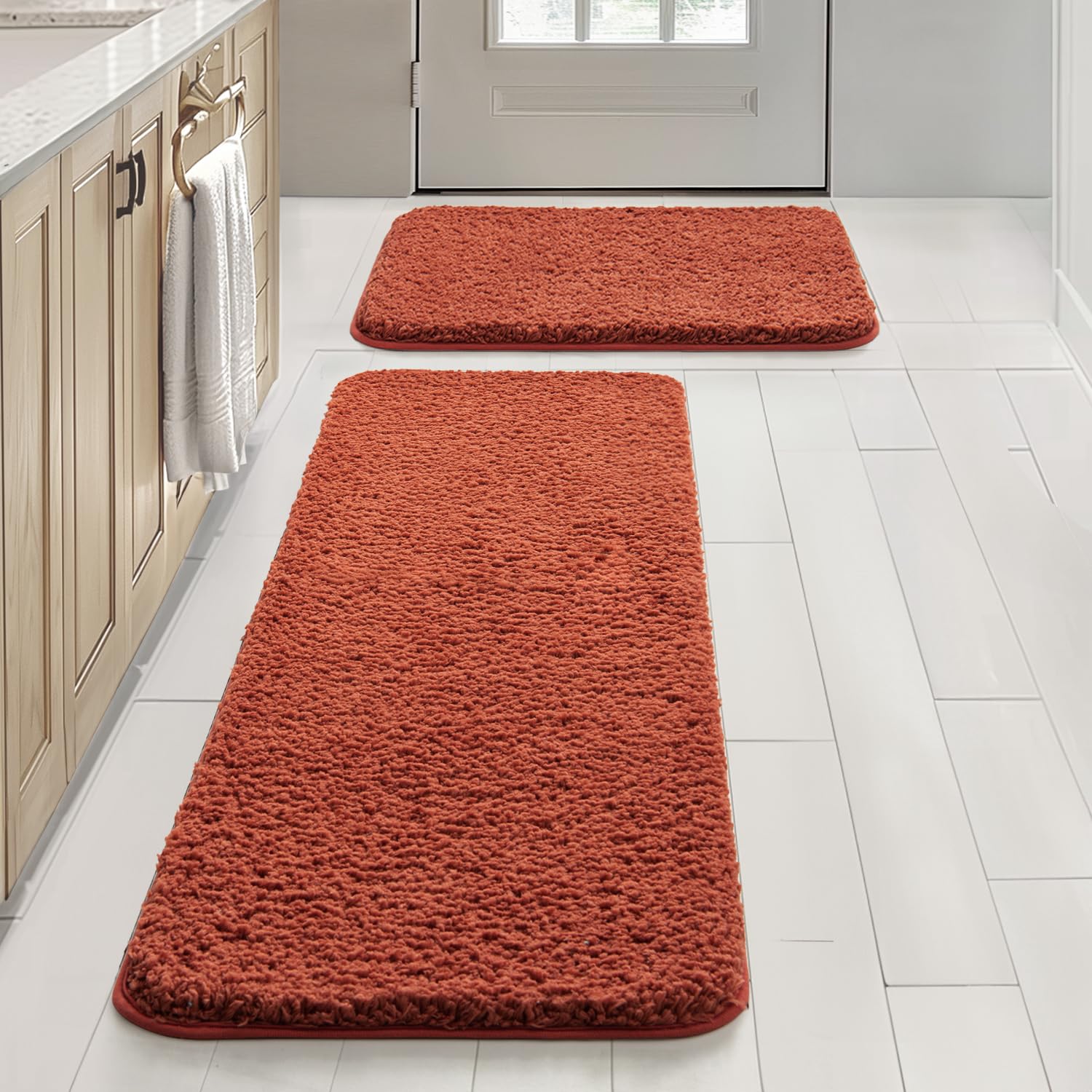Pink Bathroom Rugs Sets 2 Piece - Absorbent Bath Mats Set Made of Thick Fluffy Microsiber for Bathroom Floor, Tub or Entryway, Non Slip Rubber Backside