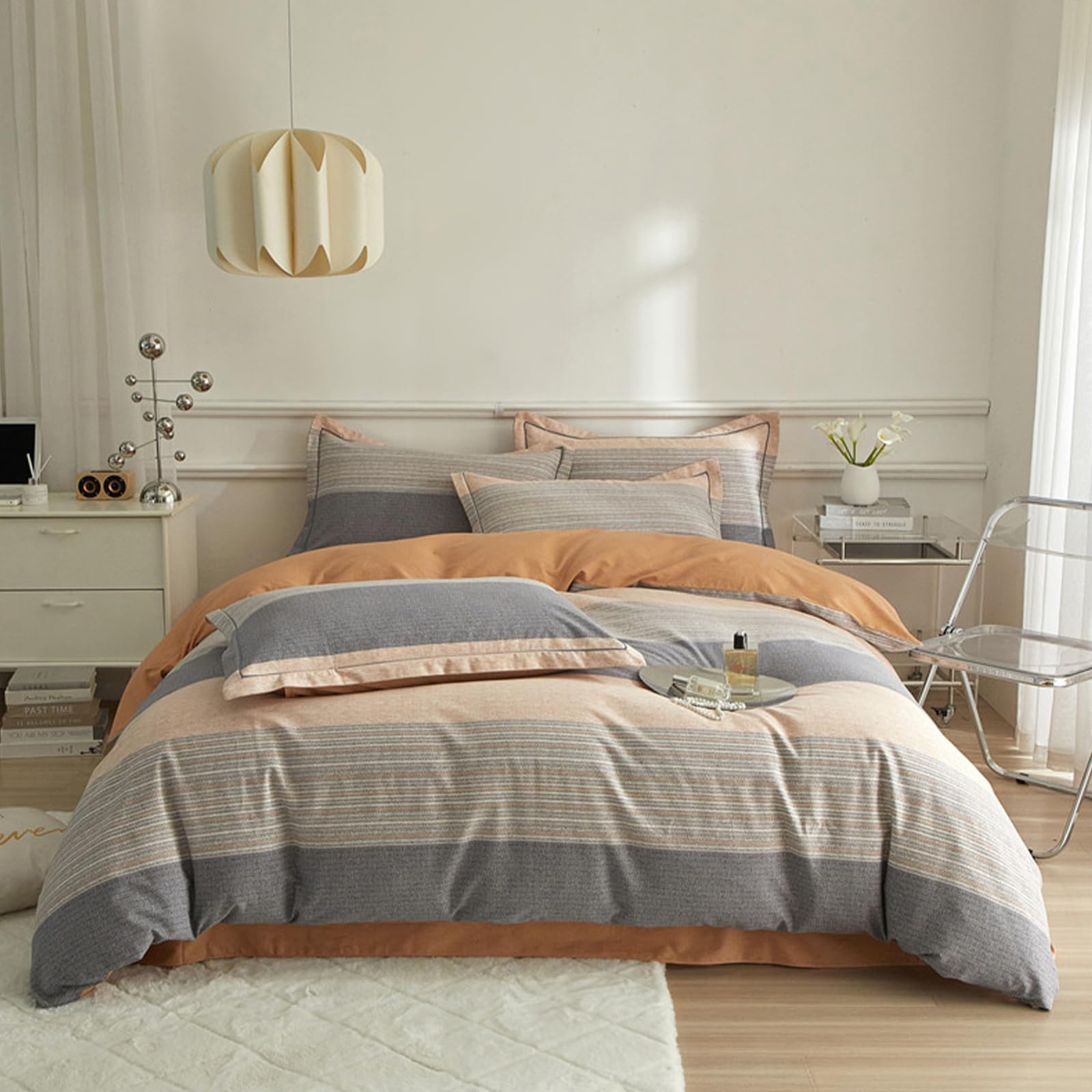 Cotton Grid Plaid Duvet Cover Set Full Modern Reversible Checkered Hotel Quality Zipper Closure Bedding Collection (NO Comforter)
