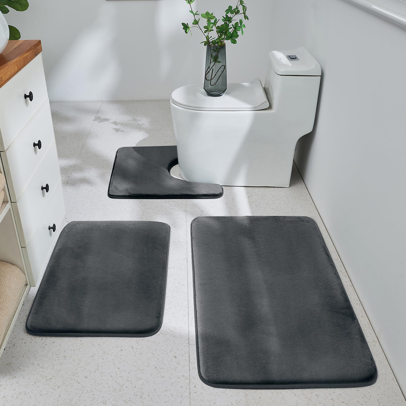 Bathroom Rugs Sets 3 Piece, Ultra Soft Velvet Memory Foam Bath Rugs, Non-Slip & PVC Backing Bathroom Mat Set, Washable Quick Dry Bathroom Rug
