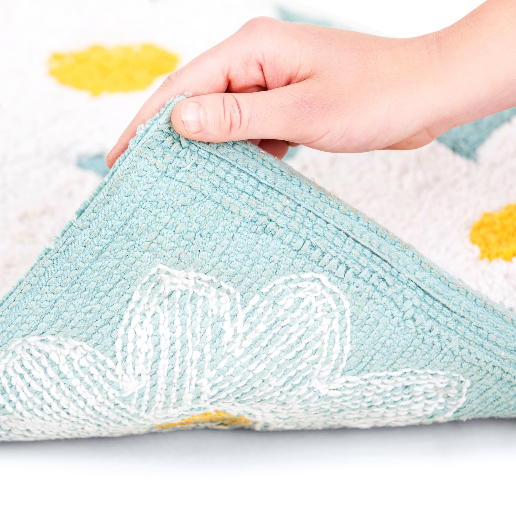 改voyzz home Aqua Bathroom Rugs Cute Spring Daisy Bath Mat White and Yellow Flower Decor Rug Tufted Floor Cotton Bathmat Super Absorbent Machine Washable Bathtub Mats for Shower, Tub, Bedroom 20"x 32"