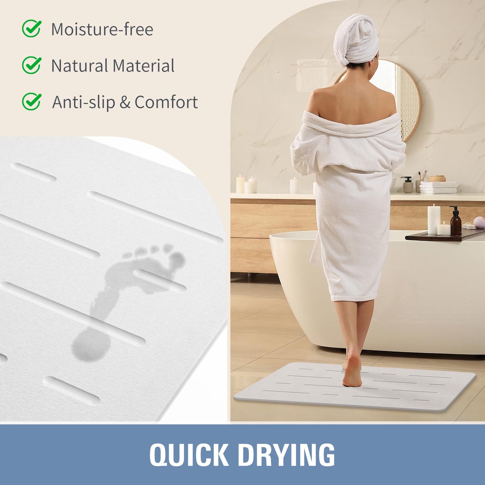 改OTHWAY Large Stone Bath Mat, 32"x 20" Diatomaceous Earth Bath Mat for Bathroom, Quick Drying Long Bath Mat Stone Absorbing, Non-Slip Diatomite Hard Stone Shower Mat Instant Dry(White Grey)