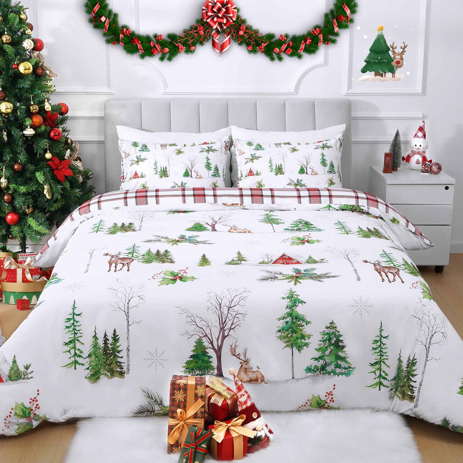 3 Piece Christmas Duvet Cover Queen Set - Soft Double Brushed Retro Queen Duvet Cover with Zipper Closure, Red Buffalo Plaid Comforter Cover Set