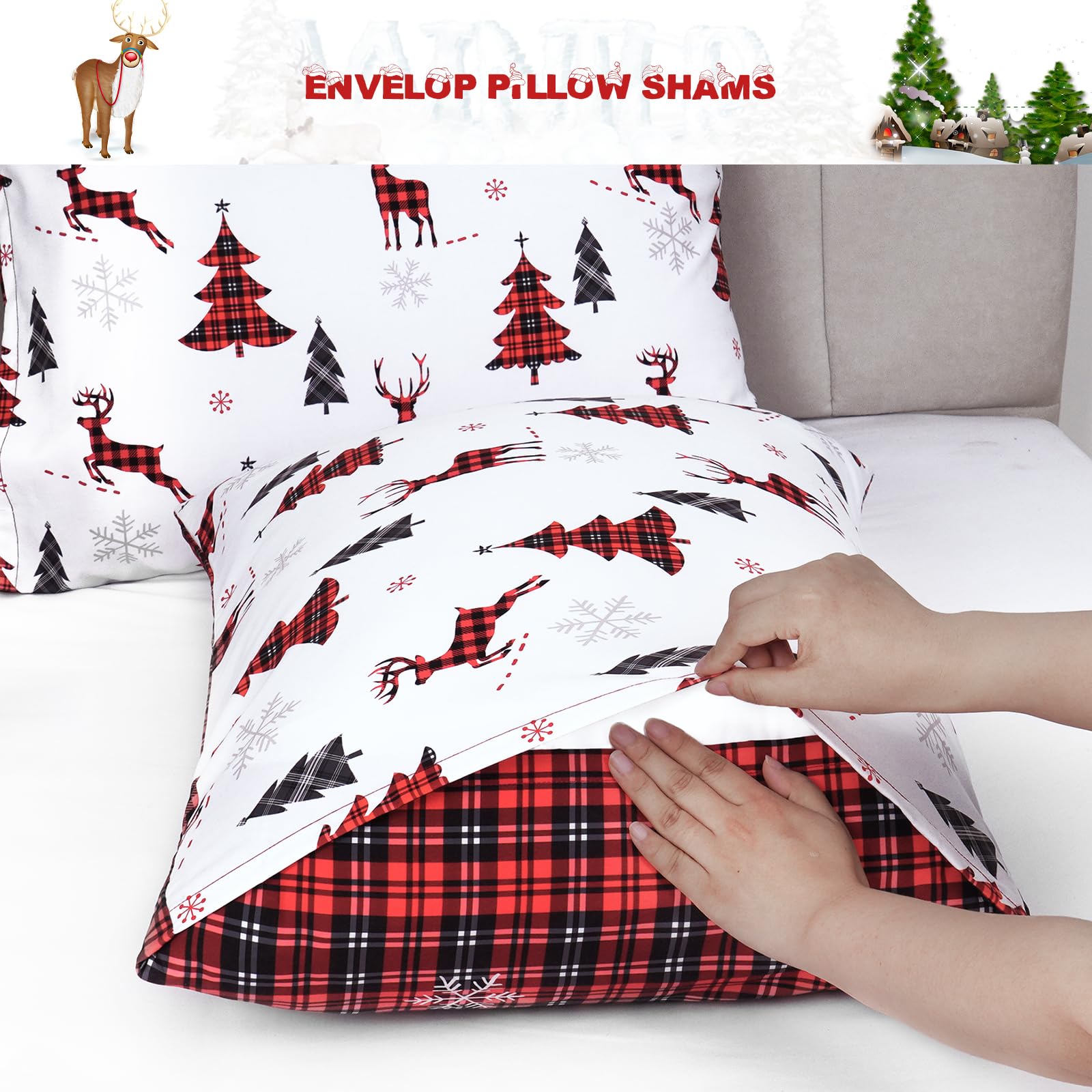 3 Piece Christmas Duvet Cover Queen Set - Soft Double Brushed Retro Queen Duvet Cover with Zipper Closure, Red Buffalo Plaid Comforter Cover Set