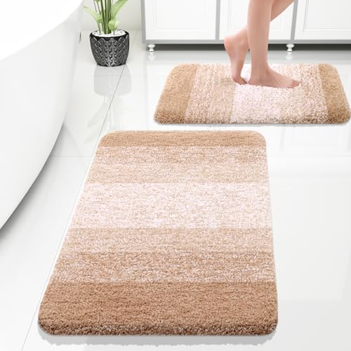 Luxury Bathroom Rug Set 2 Piece, Soft Absorbent Microfiber Bath Rug Set, Non-Slip Striped Bath Carpet, Machine Wash Dry, Bath Mats for Bathroom