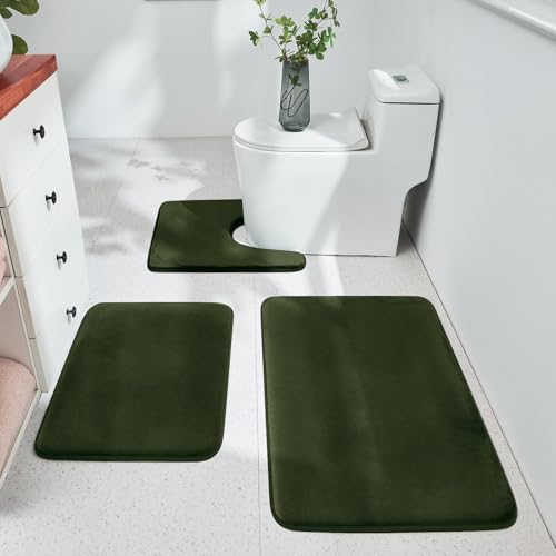 Bathroom Rugs Sets 3 Piece, Ultra Soft Velvet Memory Foam Bath Rugs, Non-Slip & PVC Backing Bathroom Mat Set, Washable Quick Dry Bathroom Rug