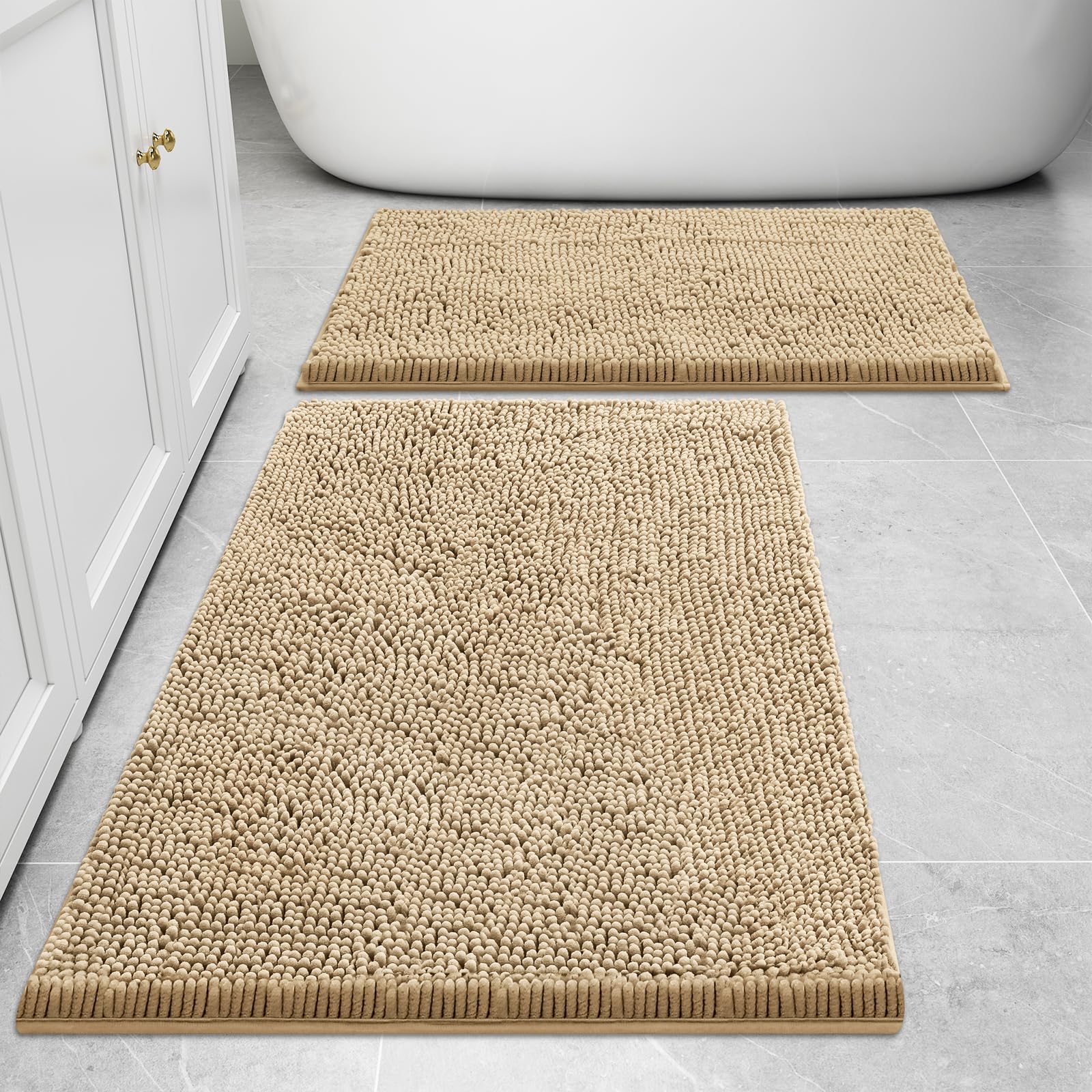 Bathroom Rugs and Mats Set, 2 Piece Chenille Bath Mat Set, Machine Wash Dry, Non Slip Absorbent Shaggy Bath Rug for Bath Room, Shower and Tub