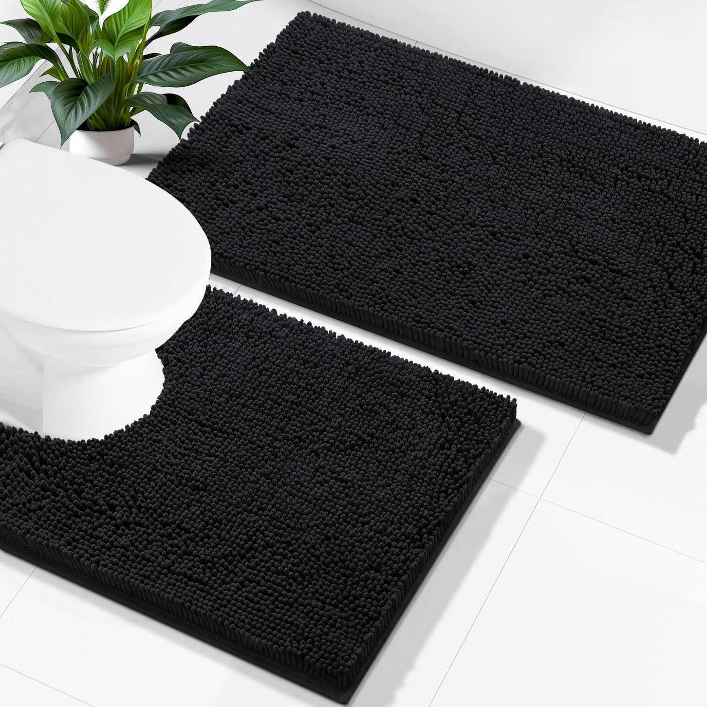 Bathroom Rugs and Mats Set, 2 Piece Chenille Bath Mat Set, Machine Wash Dry, Non Slip Absorbent Shaggy Bath Rug for Bath Room, Shower and Tub