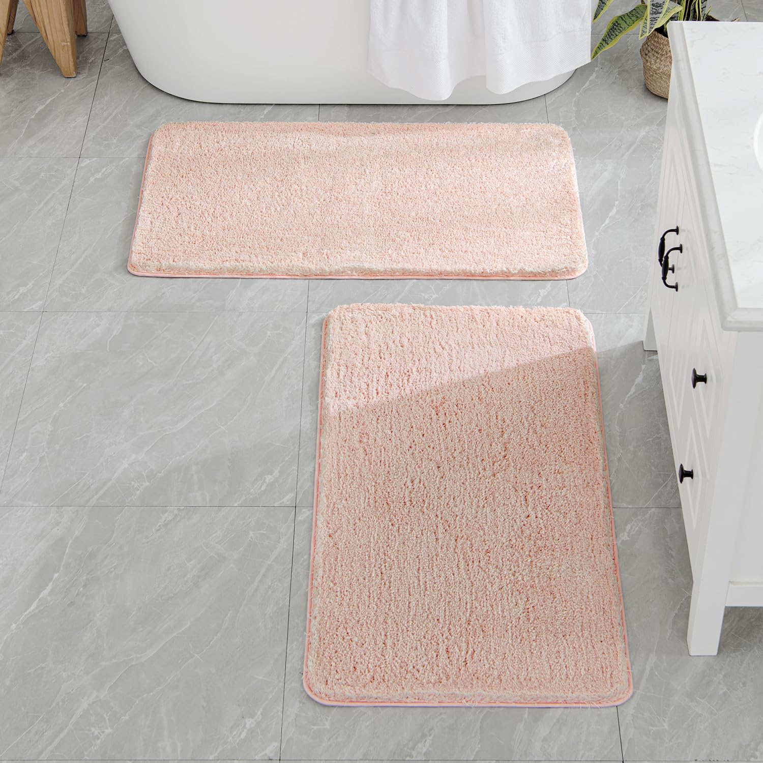 Pink Bathroom Rugs Sets 2 Piece - Absorbent Bath Mats Set Made of Thick Fluffy Microsiber for Bathroom Floor, Tub or Entryway, Non Slip Rubber Backside